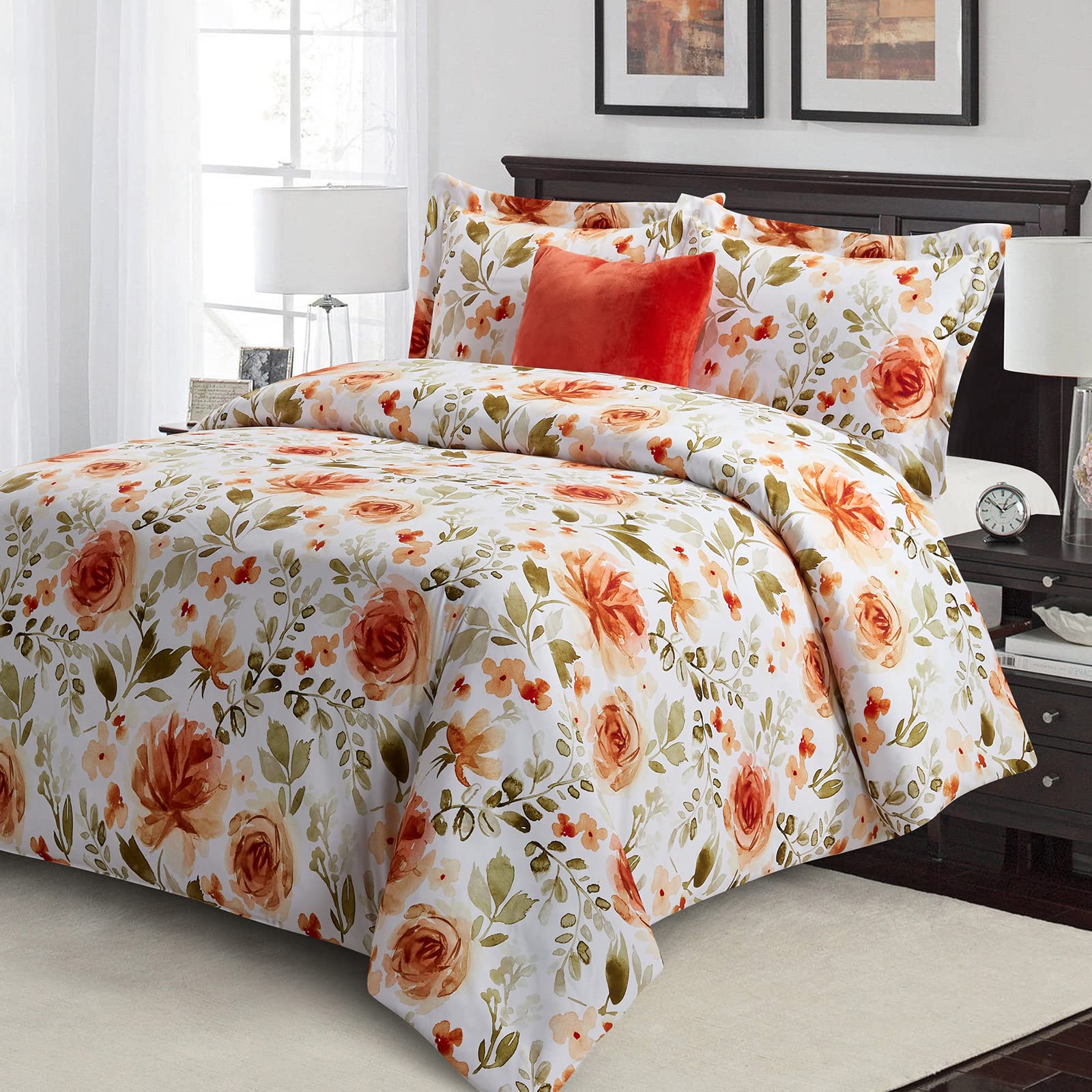 Style Quarters King Size Comforter Set - 100% Microfiber Polyester 4pc Bedding with Orange Floral & Gray Leaf Design | Includes 1 Comforter, 2 Pillowcases & 1 Decorative Pillow | Perfect for Master Bedroom, Guest Room & Cozy Home Decor