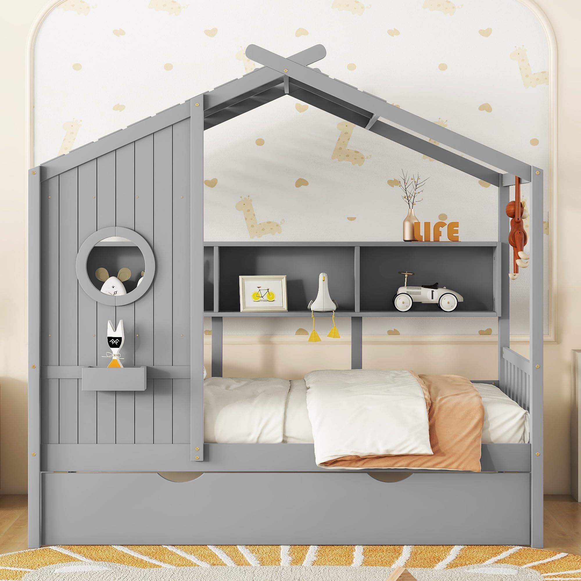 Harper & Bright Designs Twin Size Wooden House Bed with Trundle & Storage Shelf - Gray Platform Bed Frame with Roof for Kids, Boys & Girls - Perfect for Bedrooms, Playrooms & Small Spaces