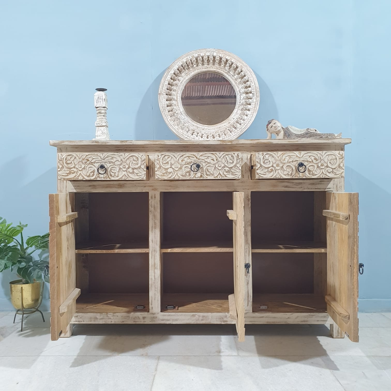 Handmade Carved Indian Mango Wood Sideboard - 3 Drawers & 3 Doors - Cream Wash Finish | Rustic Dining Room Buffet Cabinet for Home Decor & Storage
