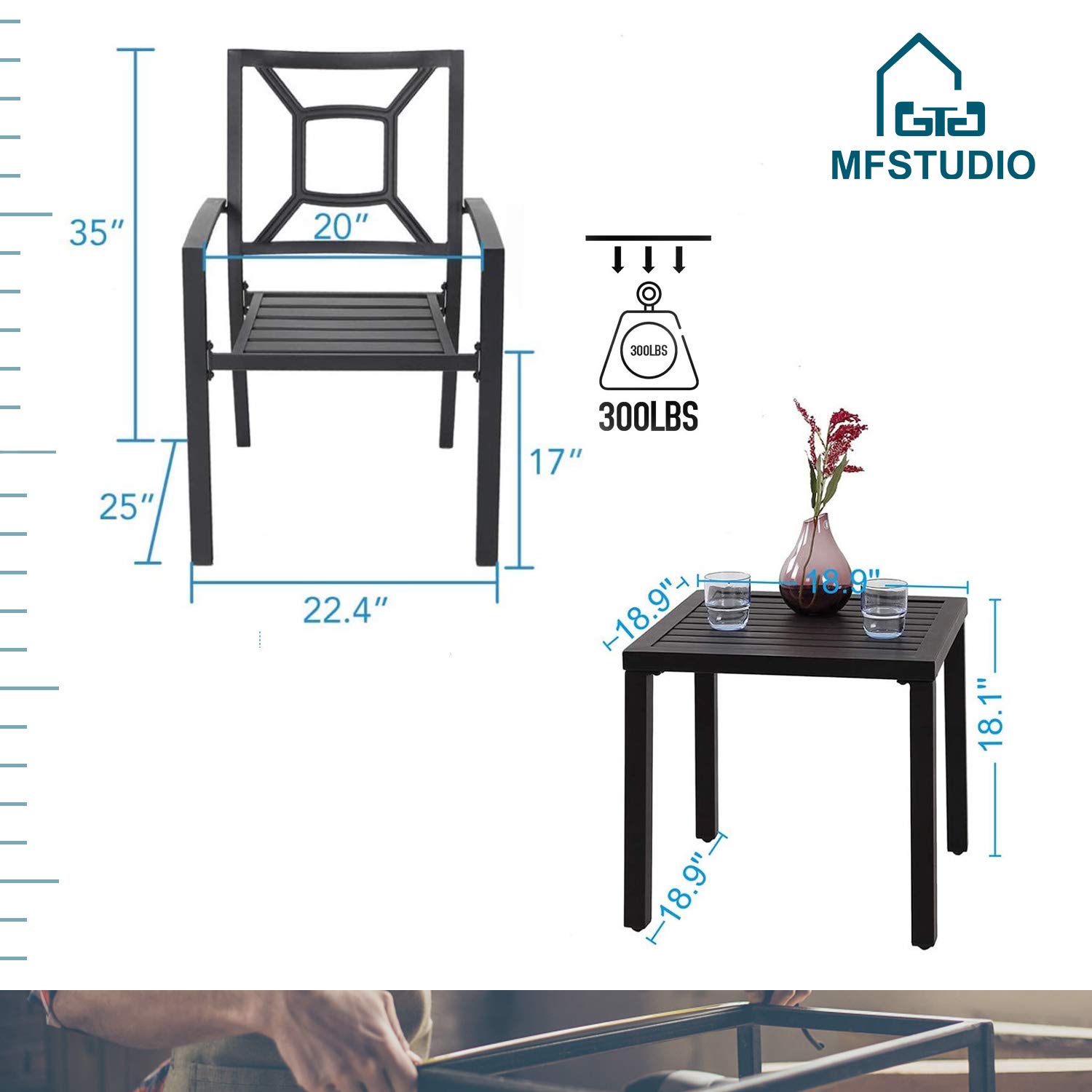 MFSTUDIO 3-Piece Black Wrought Iron Patio Bistro Set - 2 Metal Chairs & Coffee Table for Outdoor Dining, Garden, Yard, or Balcony - Classic Elegant Iron Furniture for Relaxing & Entertaining