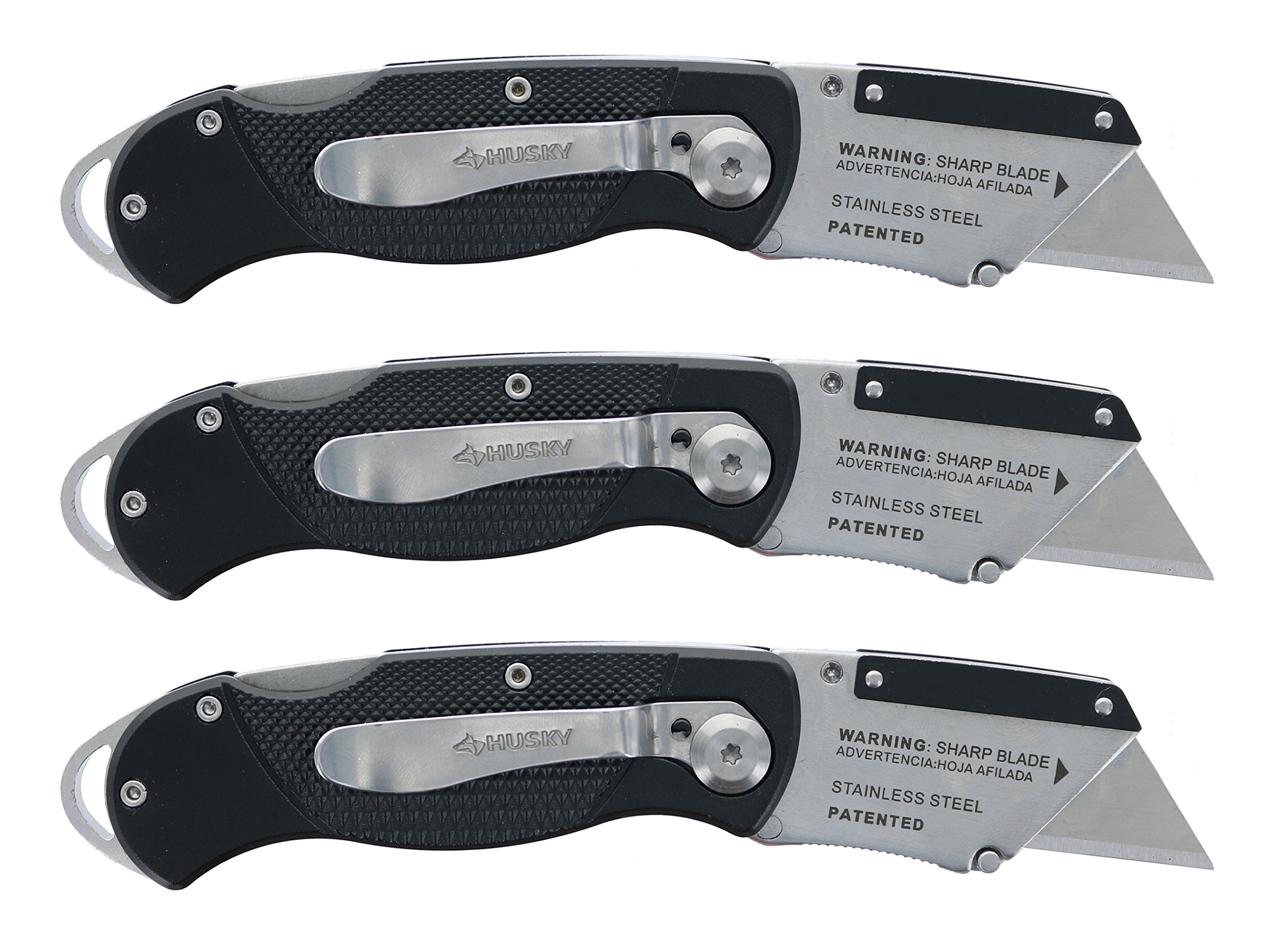 Husky Folding Utility Knife 3-Pack - Heavy Duty Lock Back Pocket Knives with Sure-Grip Handle & Blades Included - Perfect for Construction, DIY Projects, and Outdoor Activities (Colors May Vary)