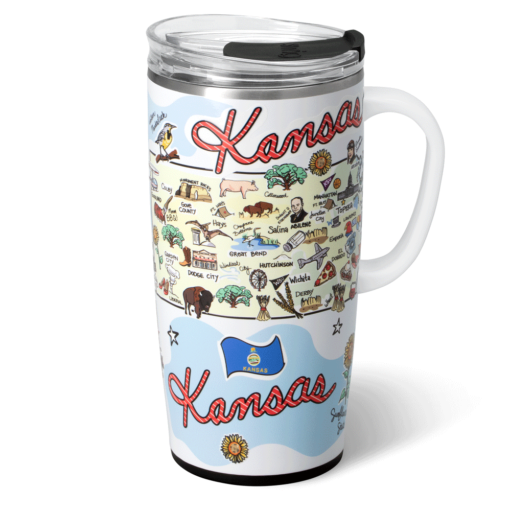 22oz Kansas Themed Insulated Travel Mug - Leak Proof Stainless Steel Coffee Tumbler for Commuting, Camping & Road Trips