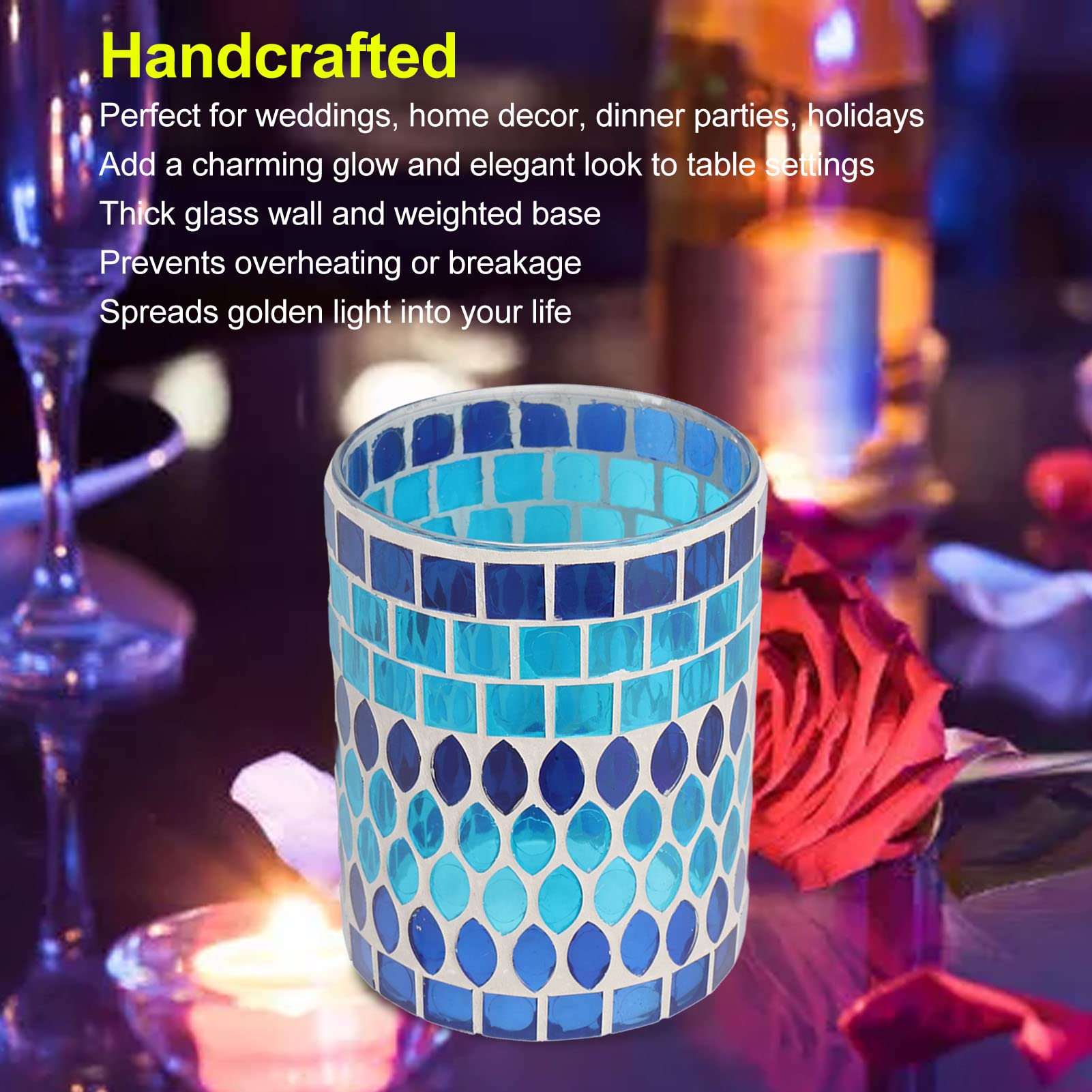 Handmade Mosaic Glass Candle Holder - Blue Votive Tealight Holder for Home Decor, Wedding Centerpiece, Romantic Dinner Ambiance