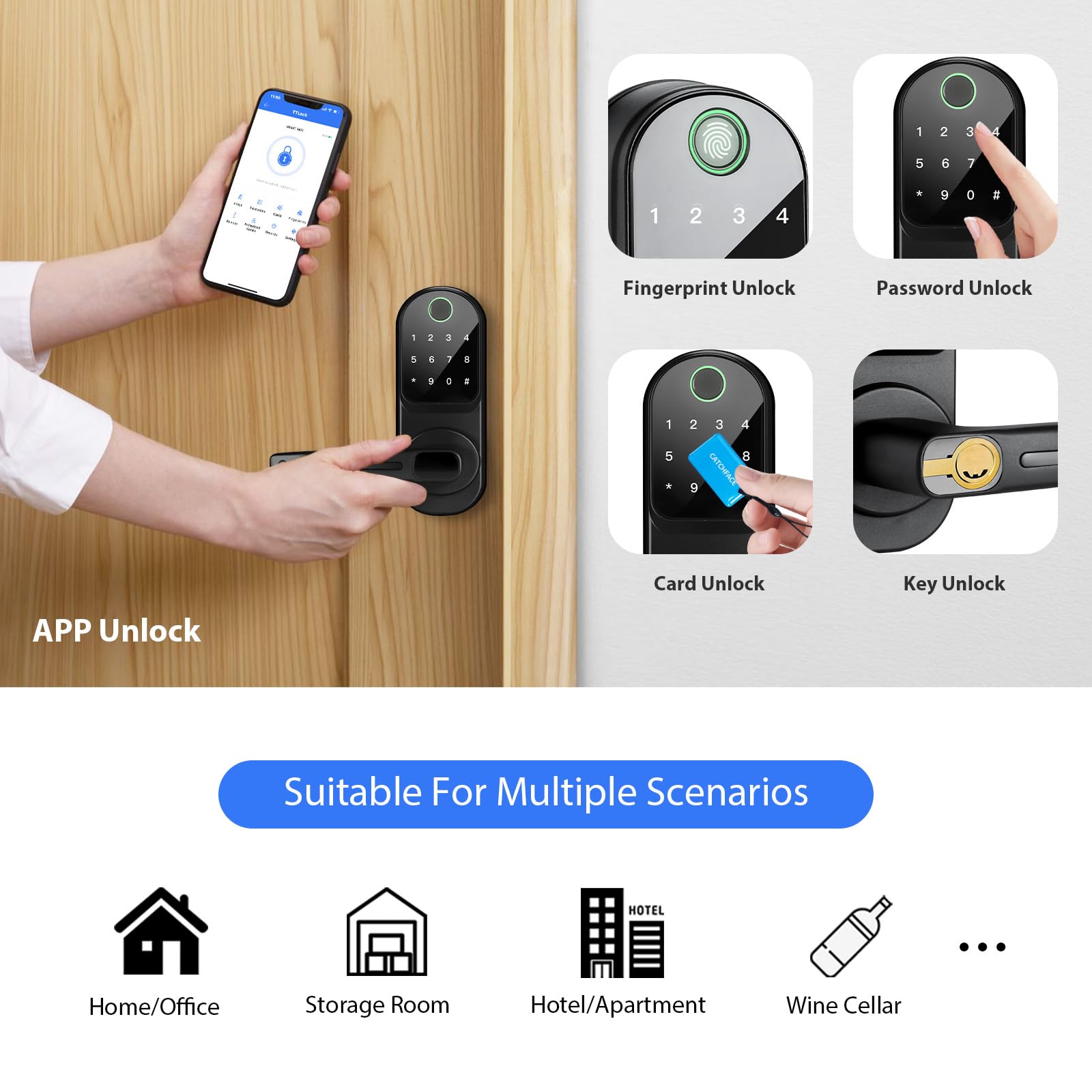 CATCHFACE Fingerprint Door Lock - Smart Keyless Entry Deadbolt with Reversible Handle - Matte Black - Secure Home & Office Access Control for Modern Living