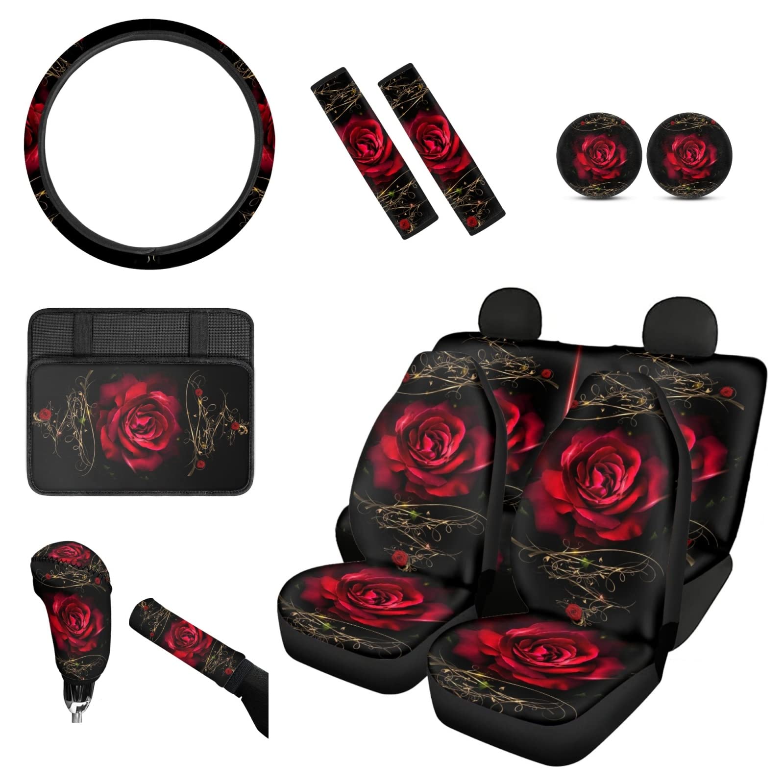 Wanyint Red Rose Floral Car Seat Covers Full Set with Steering Wheel Cover, Handbrake Cover, Gear Shift Cover & Accessories for Sedan, SUV, Truck - Luxury Car Interior Decor for Women, Perfect Gift for Valentine's Day & Mother's Day
