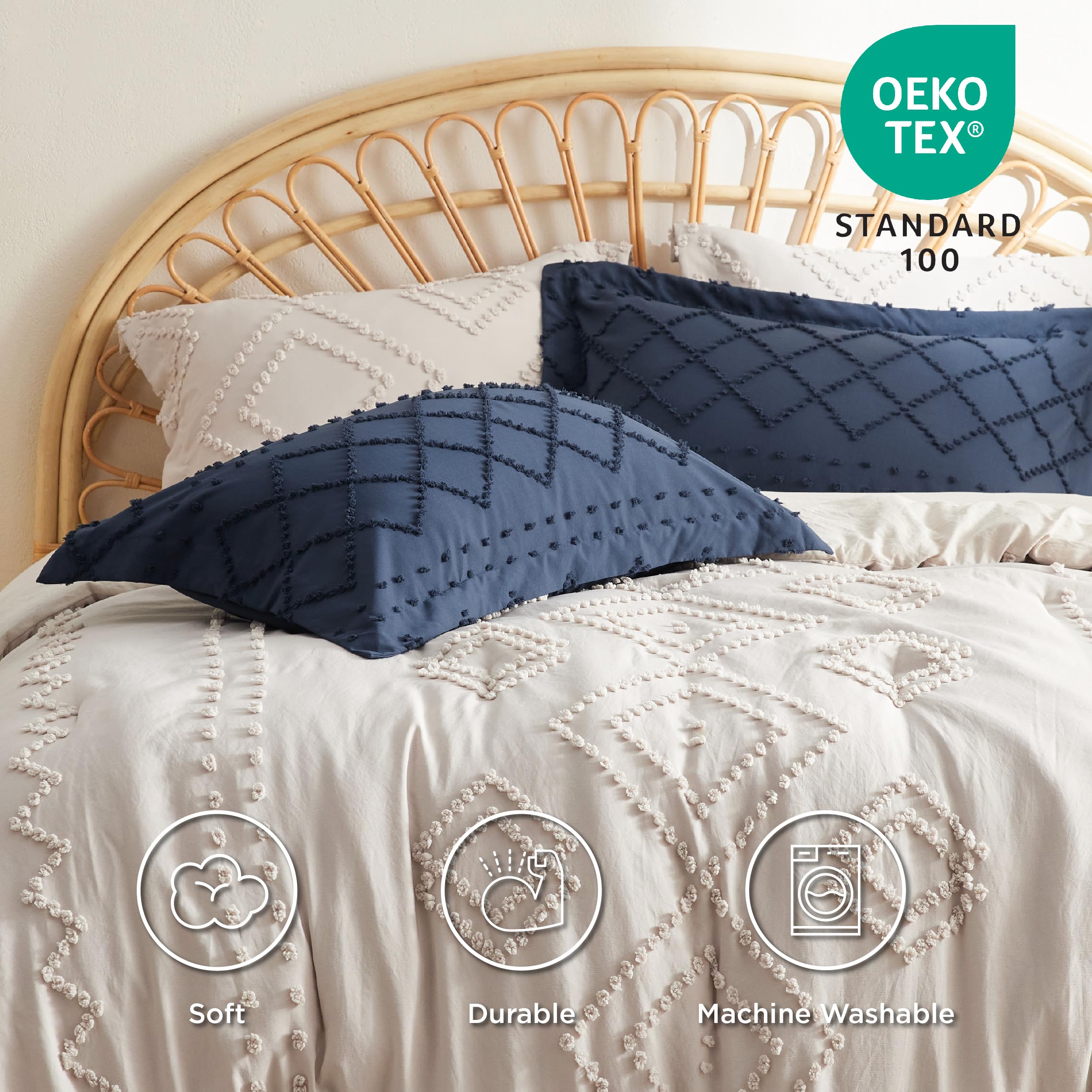 Bedsure Queen Size Pillow Shams Set of 2 - Ultra Soft & Breathable Decorative Boho Pillow Covers with Envelope Closure - 20x30 Inches Navy Blue - Perfect for Bedroom Decor, Guest Rooms & Cozy Home Styling