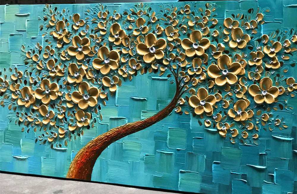 YaSheng Art - Handmade Golden Flowers Oil Painting on Canvas, Abstract Tree Texture Palette Knife Artwork, Modern Wall Decor for Bedroom, Living Room & Office (24x48 Inch) - Perfect for Home Decor, Housewarming Gifts & Interior Design