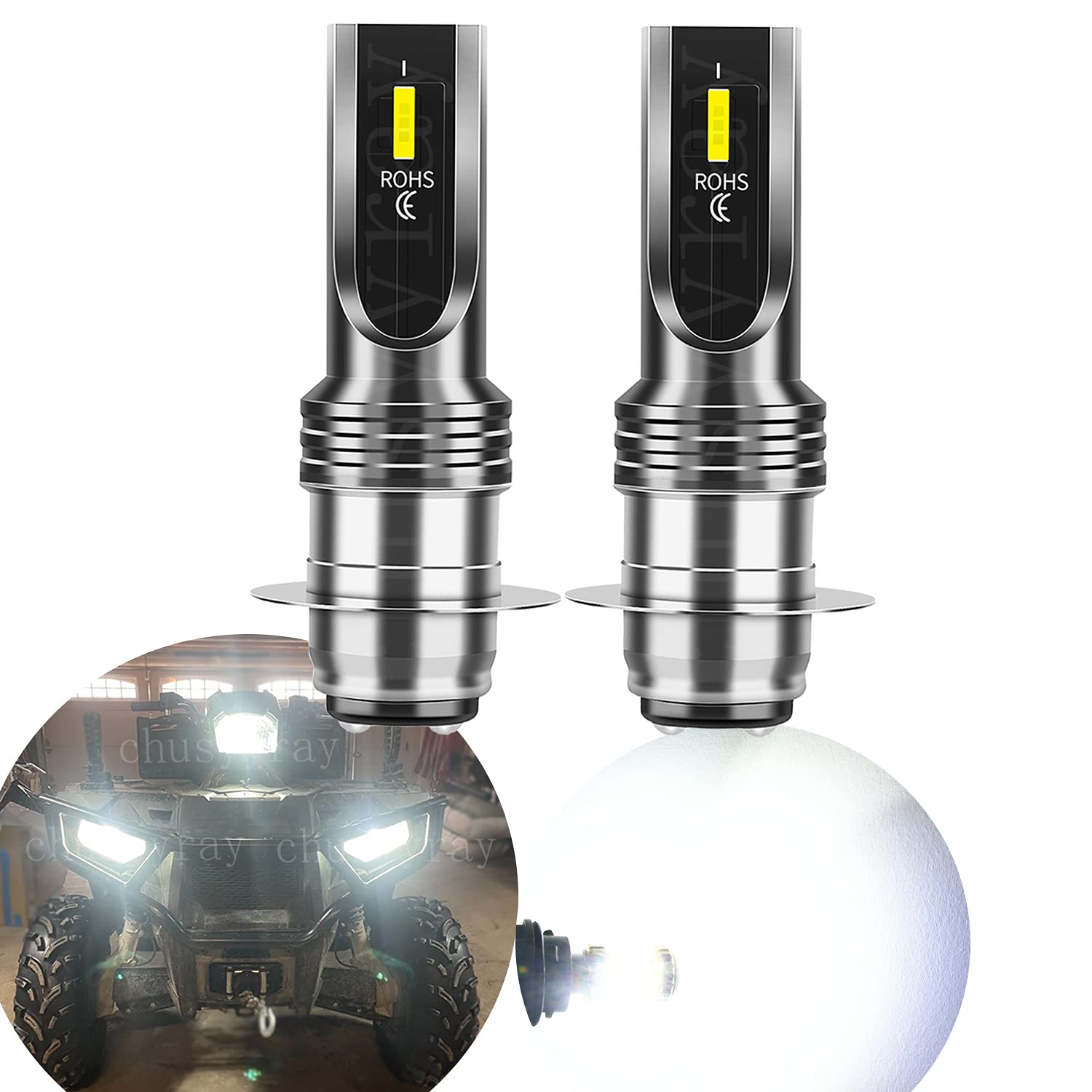 CHUSYYRAY H6 LED Headlight Bulb - Compatible with Kawasaki ATV KFX400 2003-2006 Models - P15D H6M LED High/Low Beam Bulbs - 6000K Super Bright White Light - Plug and Play Installation - 2 Pack - Perfect for Off-Road, Night Riding & ATV Adventures