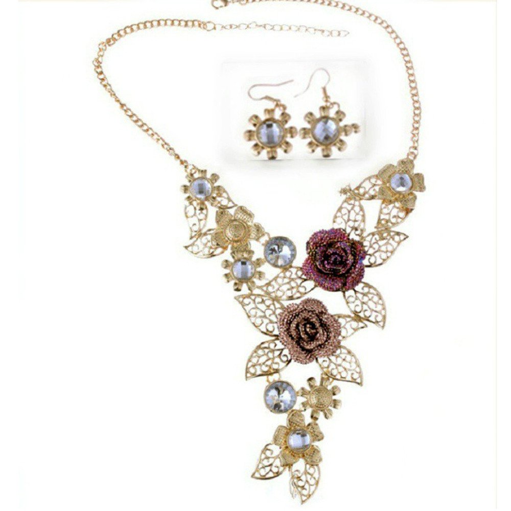 Vintage Gold Flower Statement Necklace & Earrings Set for Women - Elegant Jewelry Set for Parties, Weddings & Special Occasions
