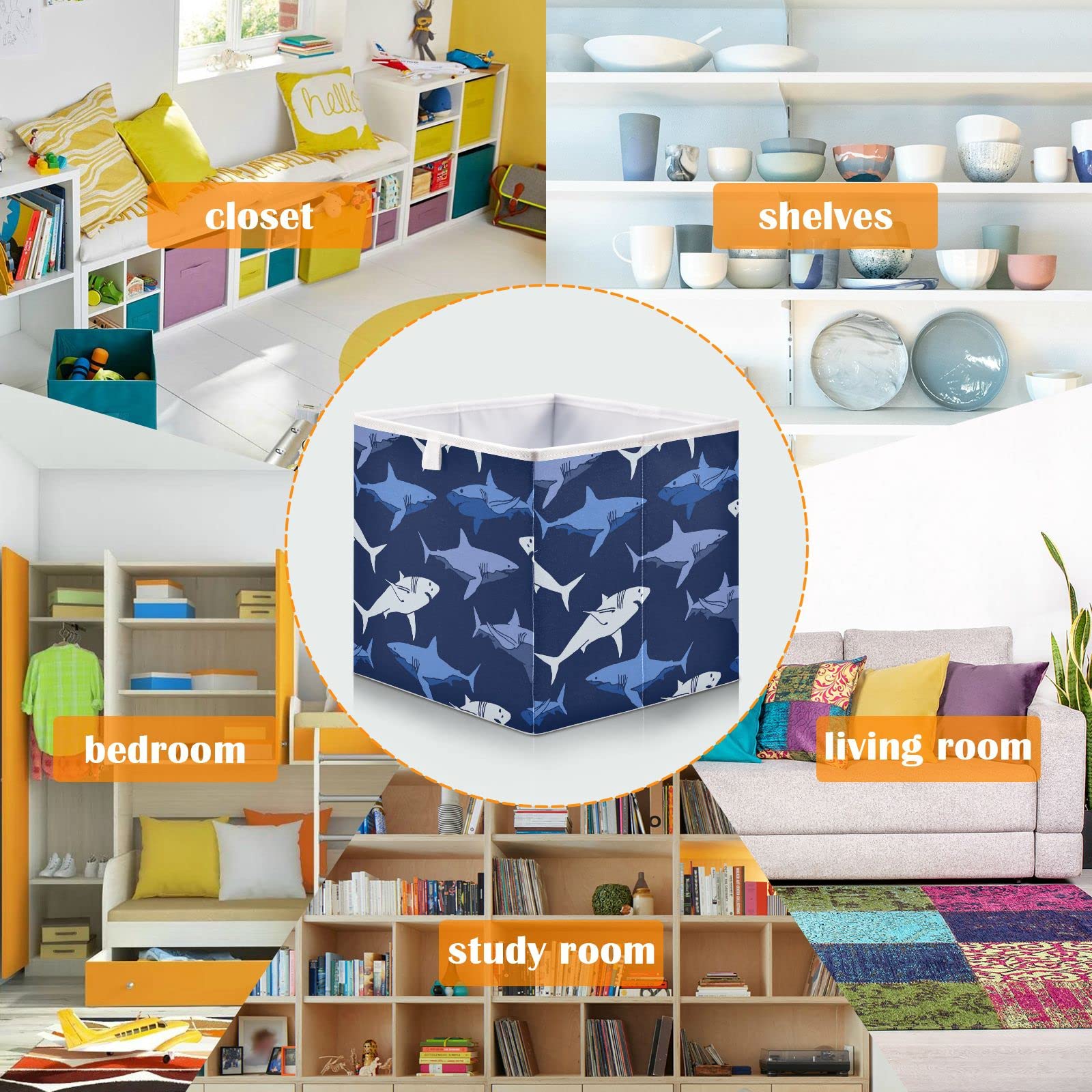 Foldable Waterproof Storage Cube Bin - Abstract Shark Design for Nursery, Kids Closet, Playroom & Office Organization (15.75x10.63x6.96 inches) - Perfect for Toys, Books & Home Decor Storage