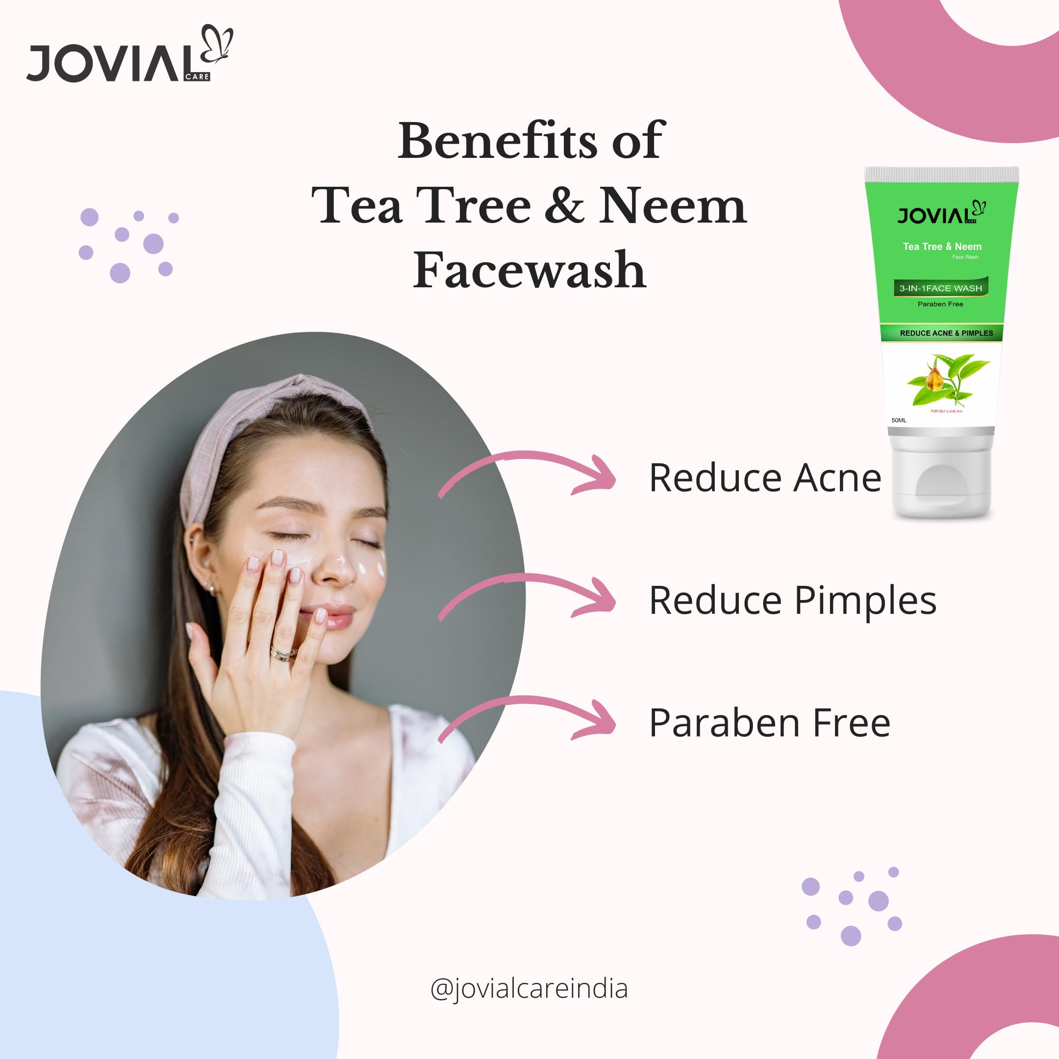 JOVIAL CARE Neem & Tea Tree Face Wash for Acne & Oily Skin - Reduces Pimples & Controls Oil | 100ml (Pack of 2) | Gentle Daily Cleanser for Clear, Healthy Skin - Perfect for Morning & Night Skincare Routine