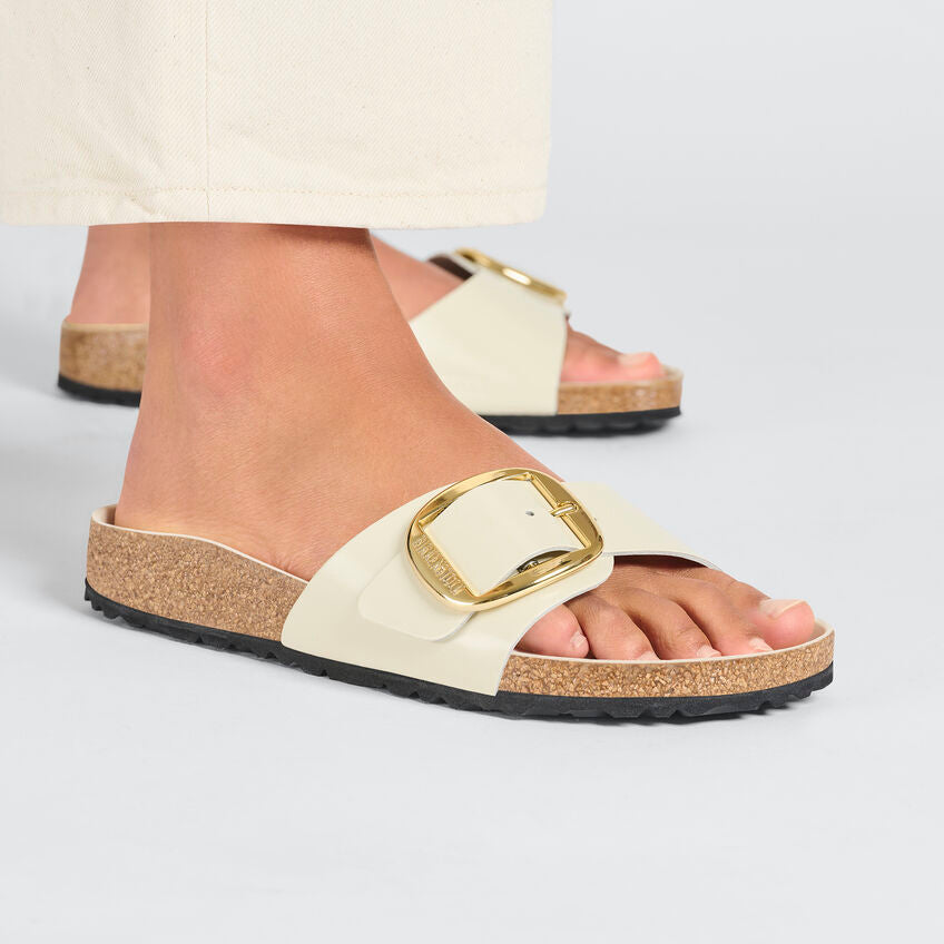 Birkenstock Madrid Big Buckle Sandals - High Shine Leather in Ecru | Comfortable Orthopedic Footbed | Perfect for Summer Outings & Beach Vacations