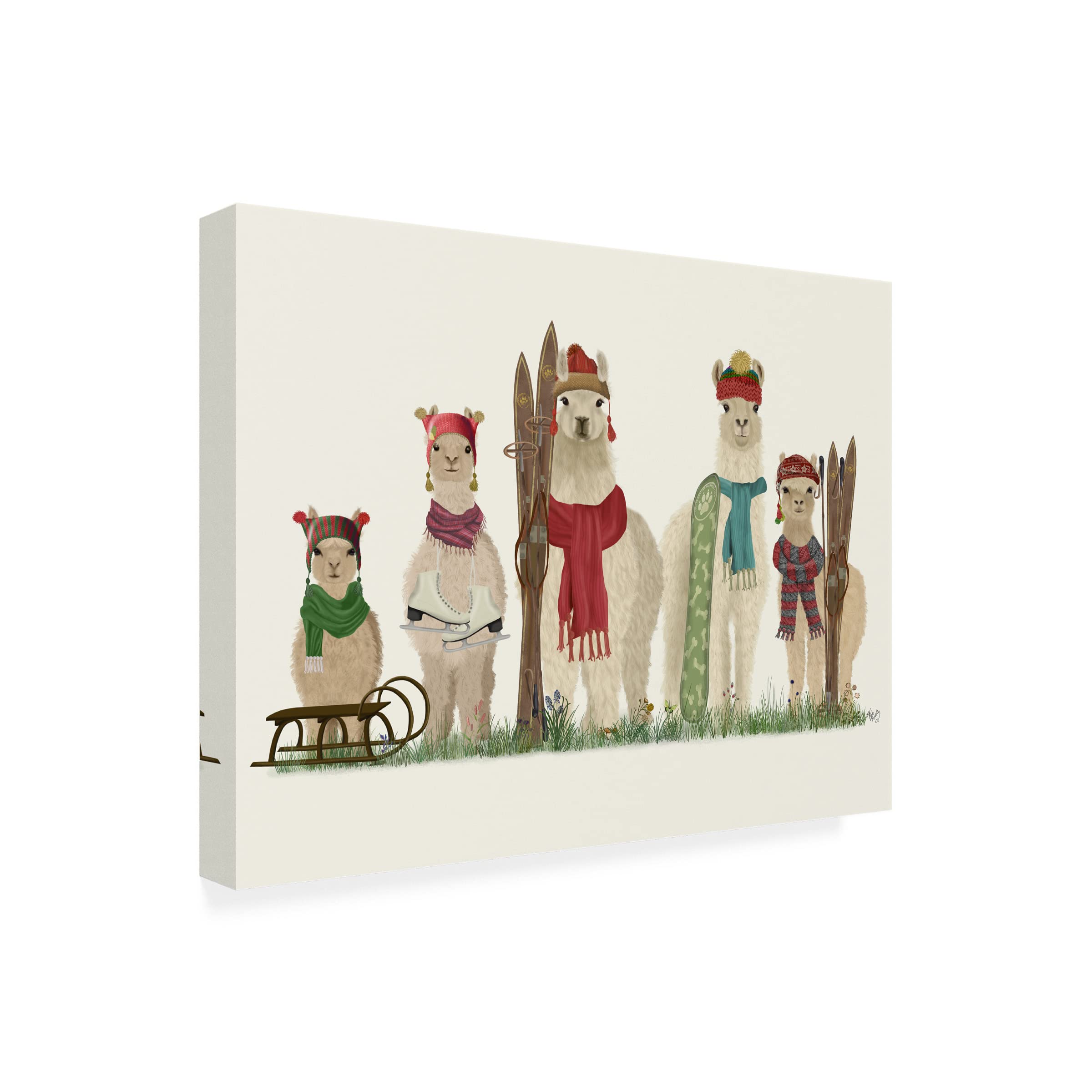 Fab Funky 'Llama Family Winter Sports' Canvas Wall Art Print - Perfect for Nursery, Kids Room Decor & Winter Themed Home Decor