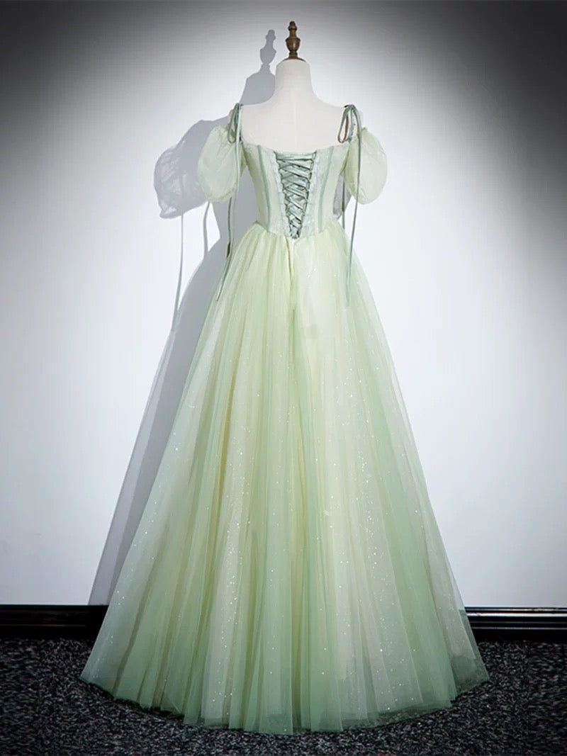Elegant A-Line Tulle Lace Green Long Prom Dress & Evening Gown - Perfect for Homecoming, Formal Dances, and Special Occasions
