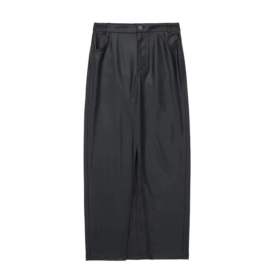 Stylish Faux Leather Midi Skirt for Women - High Waist Zipper Fly Design with Side Pockets | Perfect for Fall Fashion, Office Wear & Night Out Outfits