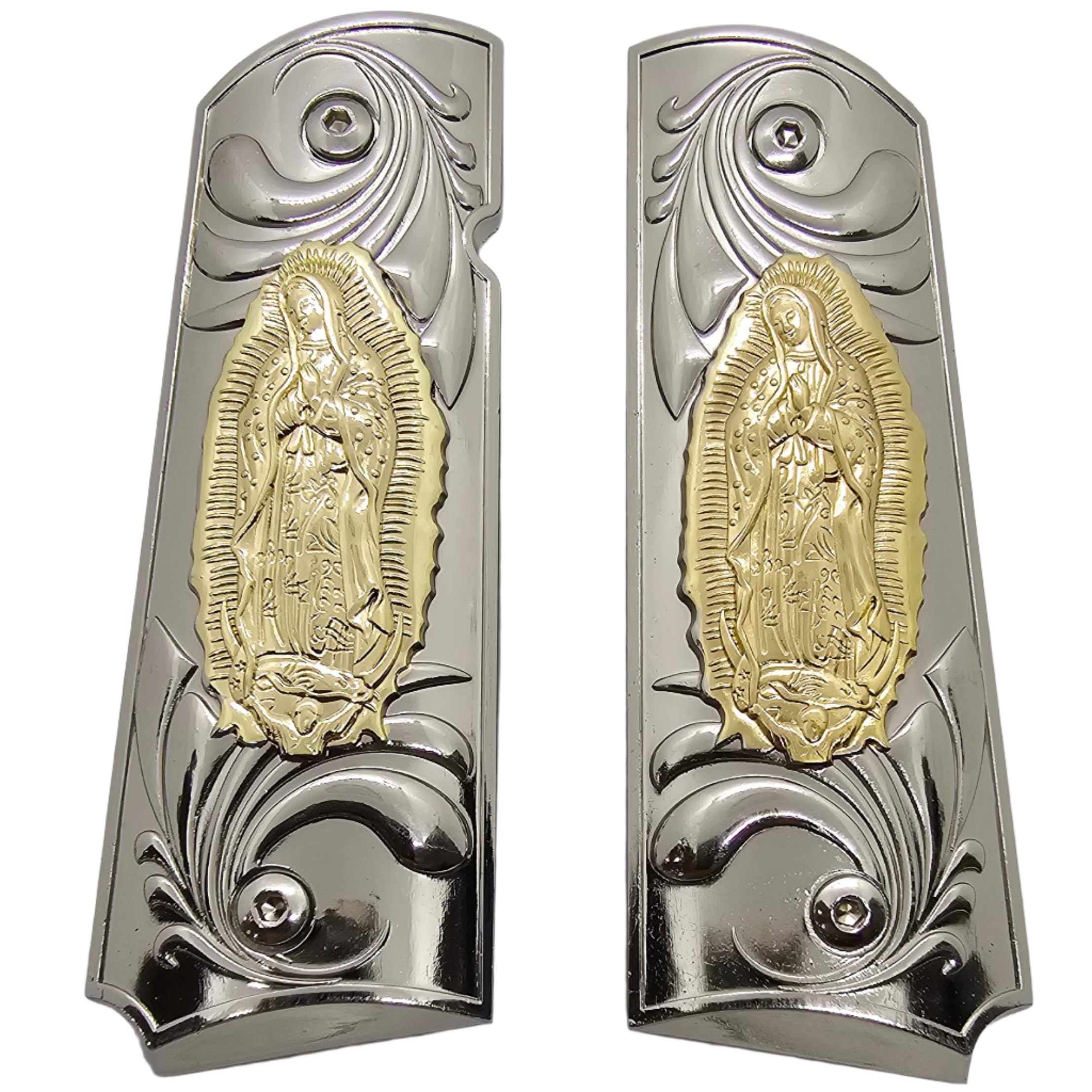 Virgin Mary Lady of Guadalupe Full-Size Grips - Nickel-Plated Ambi Safety Grips for Colt, Kimber, Rock Island & Clones | Perfect for Pistol Customization & Religious Protection
