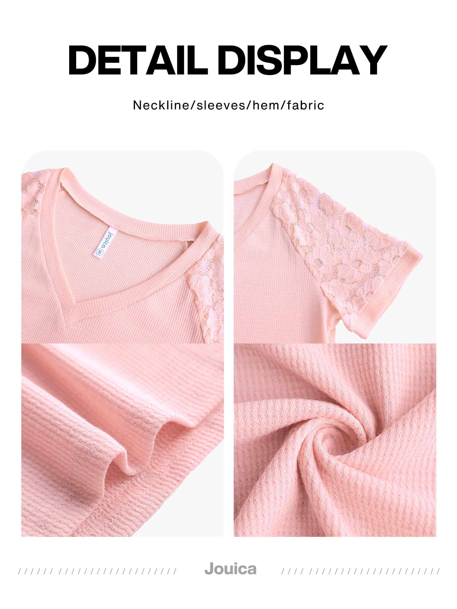 Jouica Women's Summer Lace Short Sleeve V-Neck Blouse - Loose Casual Waffle Tee Top for Beach, Vacation & Everyday Wear