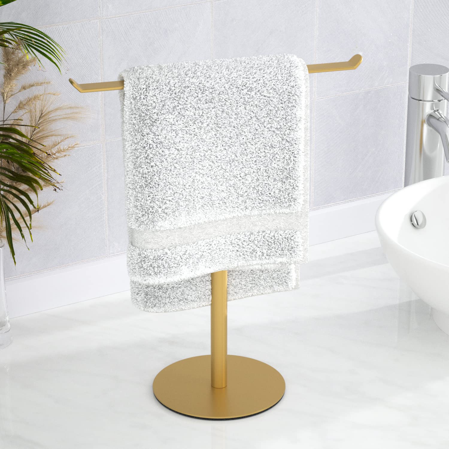 Gold T-Shape Hand Towel Stand - Bathroom & Kitchen Towel Holder Organizer for Fingertip & Display Towels - Perfect for Home, Hotel, and Spa Decor