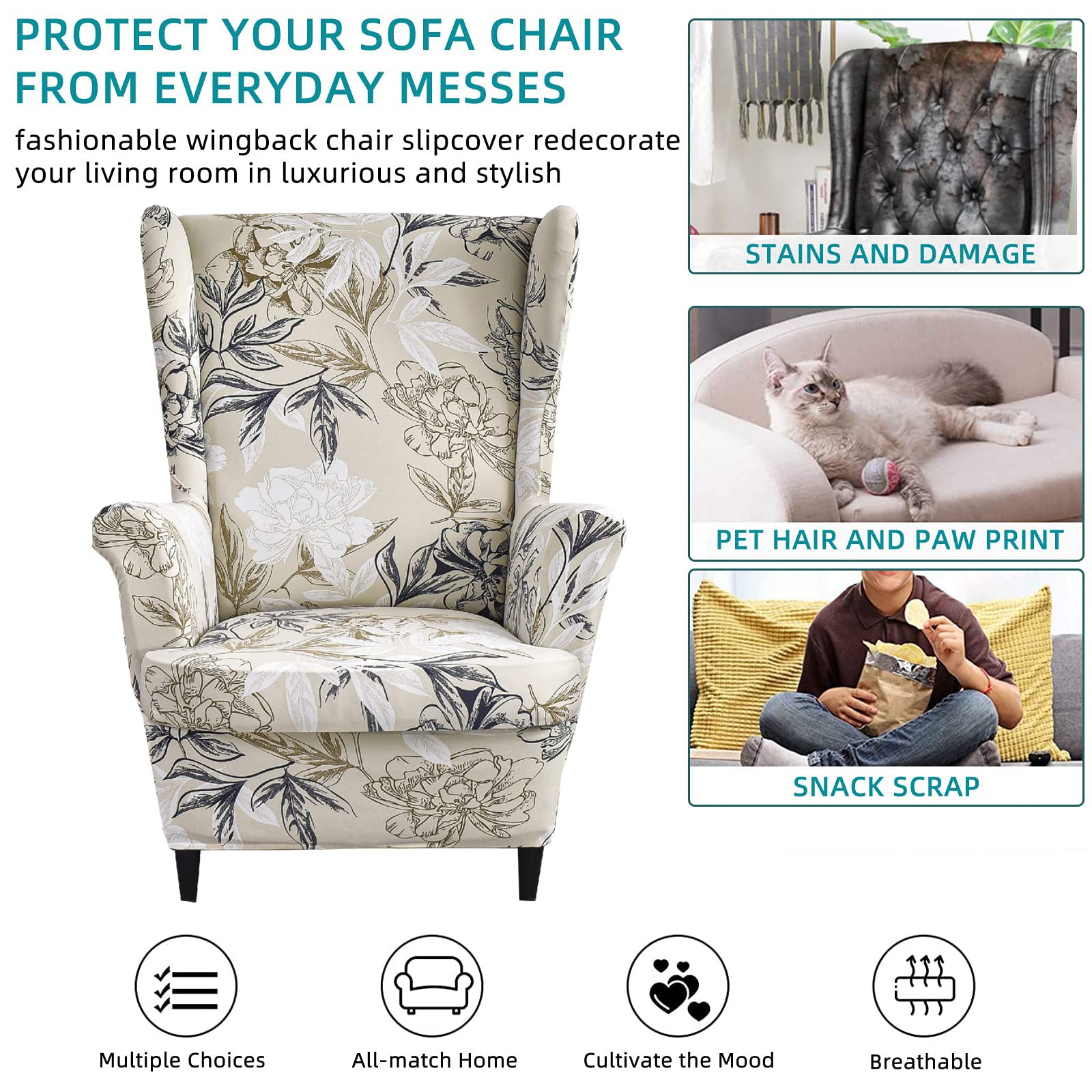 CRFATOP 2-Piece Stretch Wingback Chair Slipcovers - Printed Spandex Fabric with Elastic Bottom - Fits Most Wing Chairs (38
