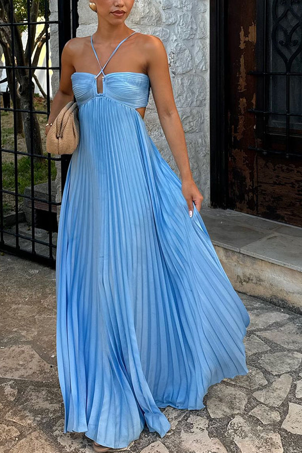Elegant Satin Pleated Cross Straps Cutout Flowing Maxi Dress for Women - Perfect for Weddings, Parties & Summer Vacations