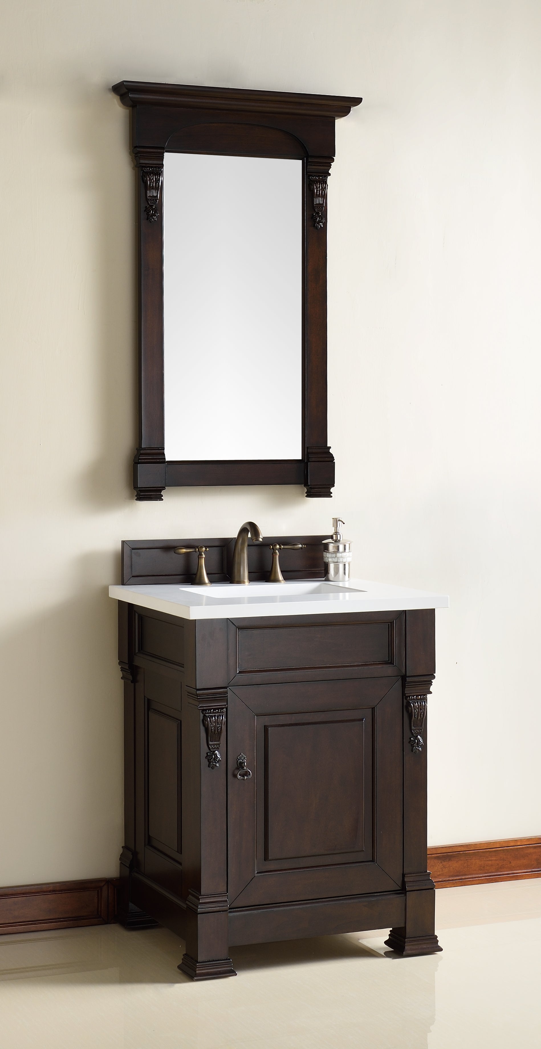 Brookfield 26 Inch Single Bathroom Vanity with Burnished Mahogany Base & 3CM Classic White Quartz Countertop - Perfect for Modern Home Bathroom Renovation