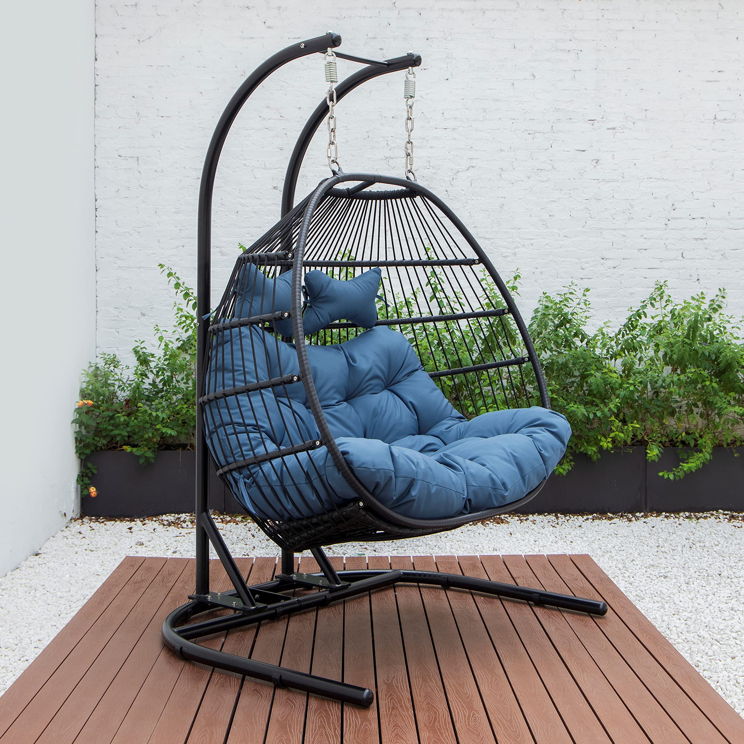 LeisureMod Wicker 2-Person Double Folding Hanging Egg Swing Chair - Navy Blue Outdoor Patio Furniture for Porch, Garden & Backyard Relaxation