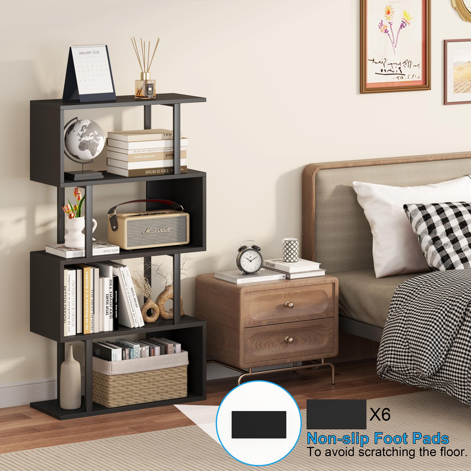 Yusong Geometric Bookcase - 4-Tier S-Shaped Bookshelf for Bedroom & Home Office, Modern Wooden Display Shelf for Books & Decor, Black - Perfect for Small Spaces & Stylish Storage Solutions