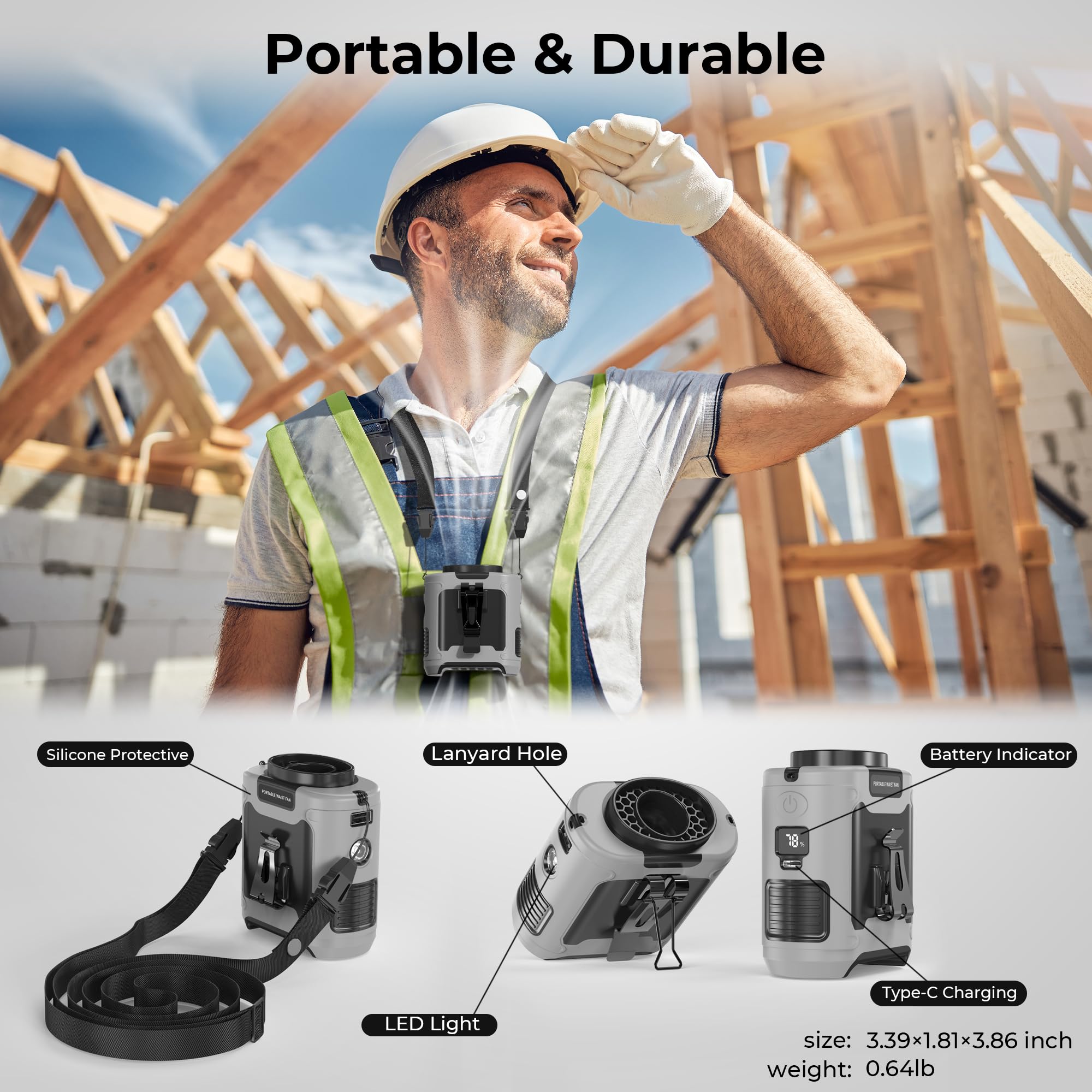 10000mAh Rechargeable Portable Waist Fan - 5 Speed Adjustable (16000RPM) Hands-Free Wearable Cooling Fan with Dual Clip & LED Flashlight - Perfect for Outdoor Work, Construction Sites, Camping, Hiking, and Summer Travel