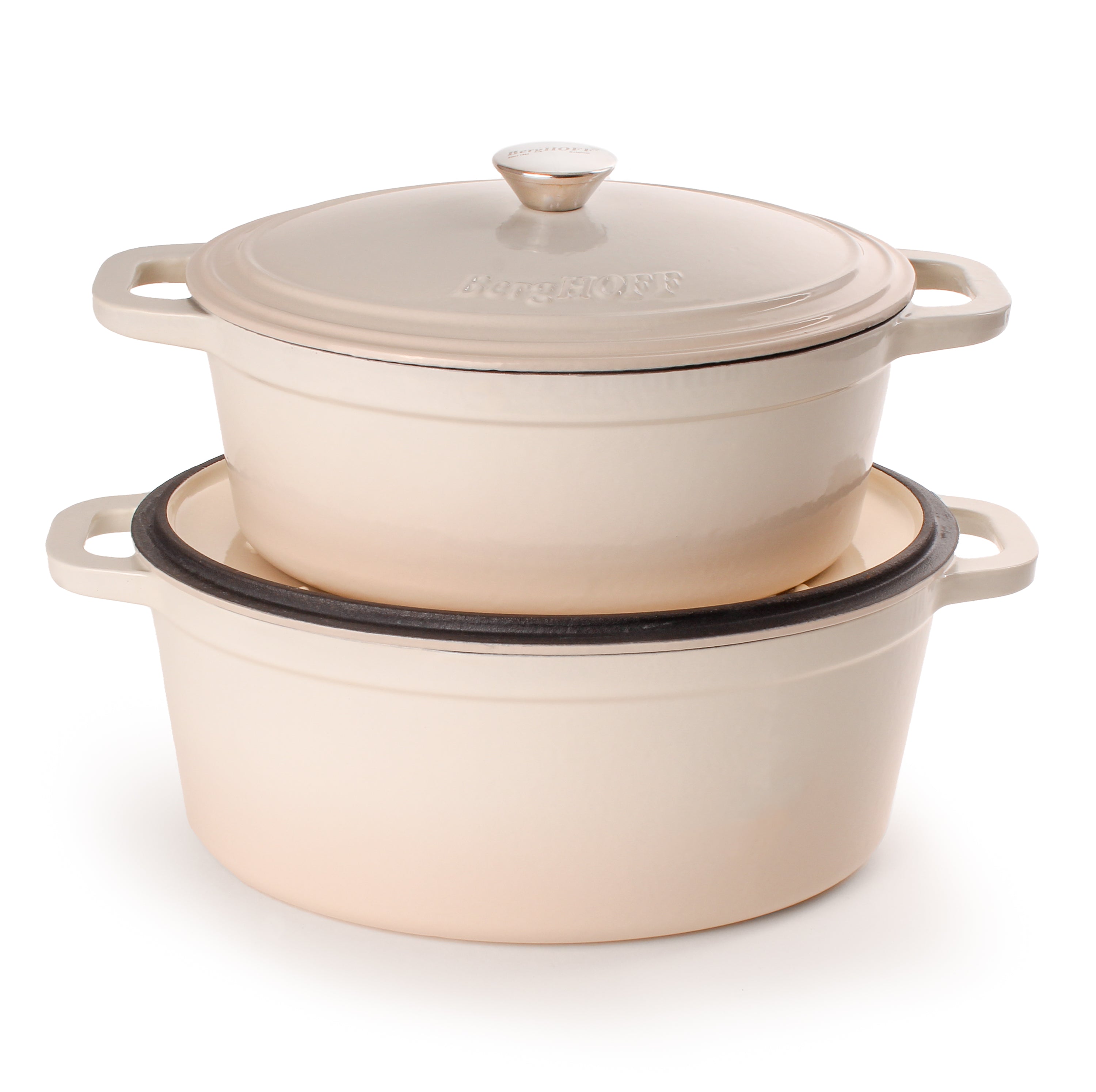 BergHOFF Neo 4-Piece Cast Iron Cookware Set - 5qt & 8qt Oval Dutch Ovens with Matching Lids, Meringue Color - Premium Enameled Cast Iron for Braising, Stewing & Baking - Perfect for Family Dinners, Camping & Holiday Cooking