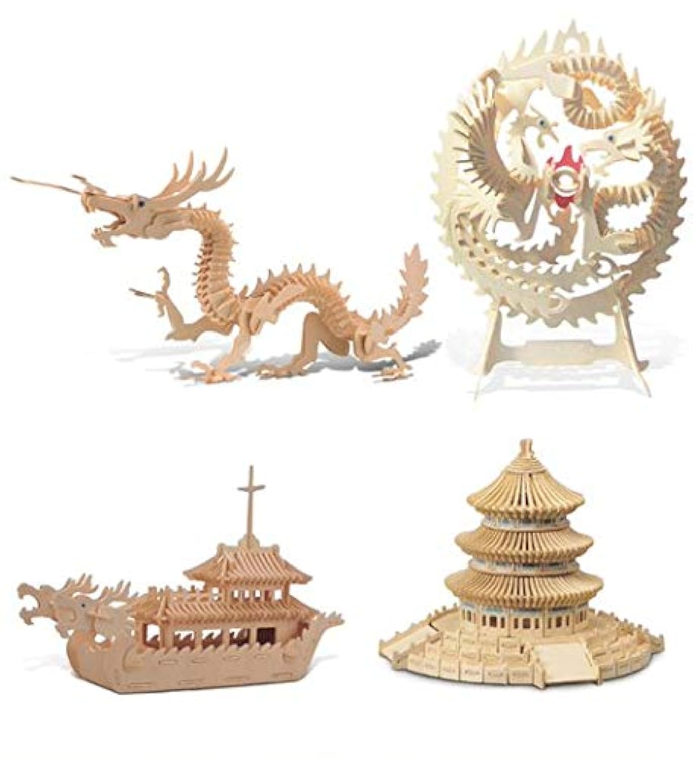 Lucky Dragon 3D Wooden Puzzle Set - 4 Pack Asian Theme for Home Decor & Gifts