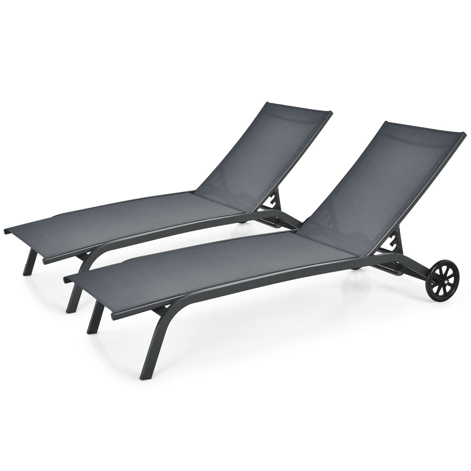 Tangkula Outdoor Chaise Lounge Chair - 6-Position Adjustable Patio Recliner with Breathable Fabric & Smooth Wheels - Grey 2-Pack for Poolside, Backyard, Deck & Garden Relaxation