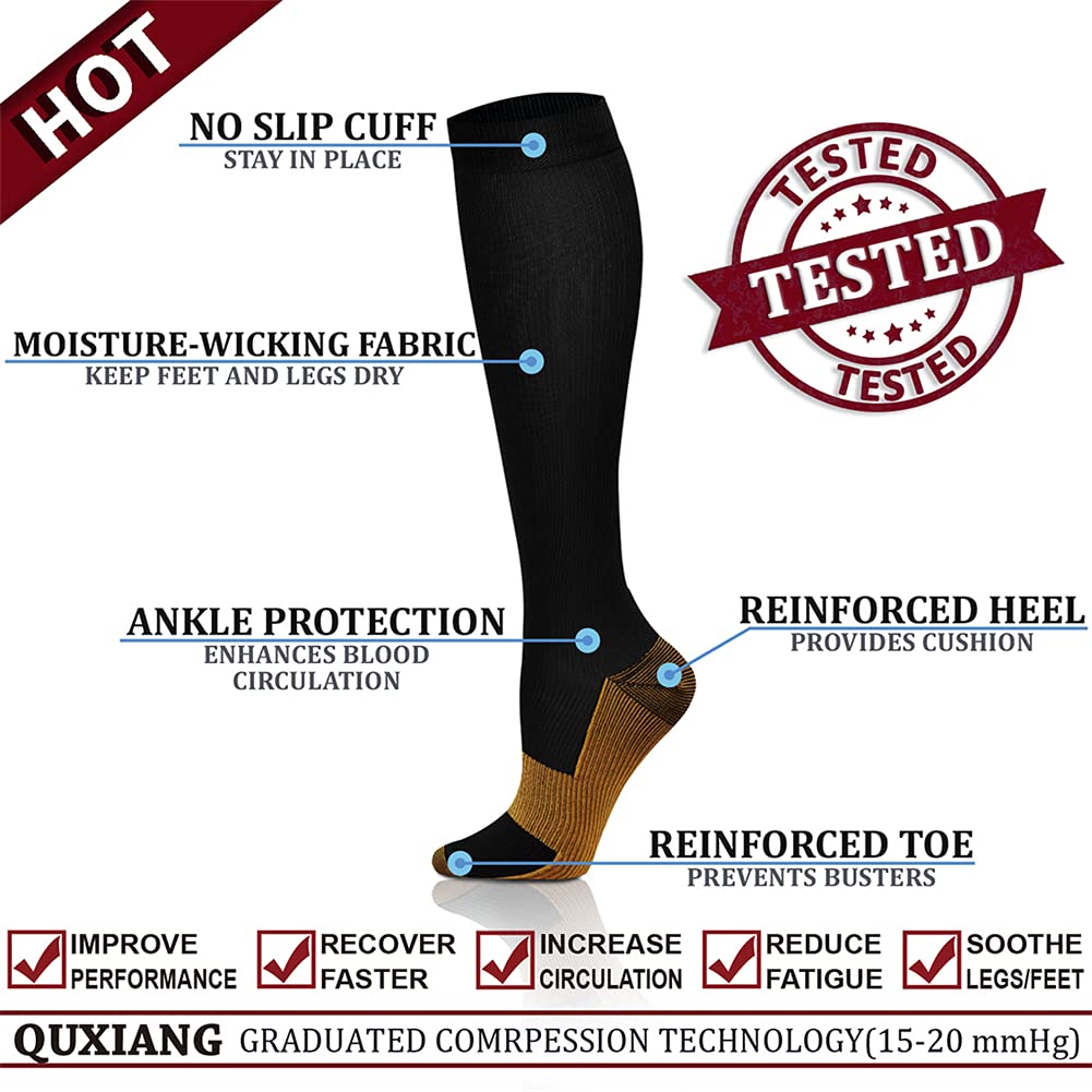 QUXIANG Copper Compression Socks for Women & Men - 8 Pairs 15-20 mmHg Graduated Support Socks for Improved Circulation, Running, Cycling & Athletic Performance - Perfect for Workouts, Travel & Recovery