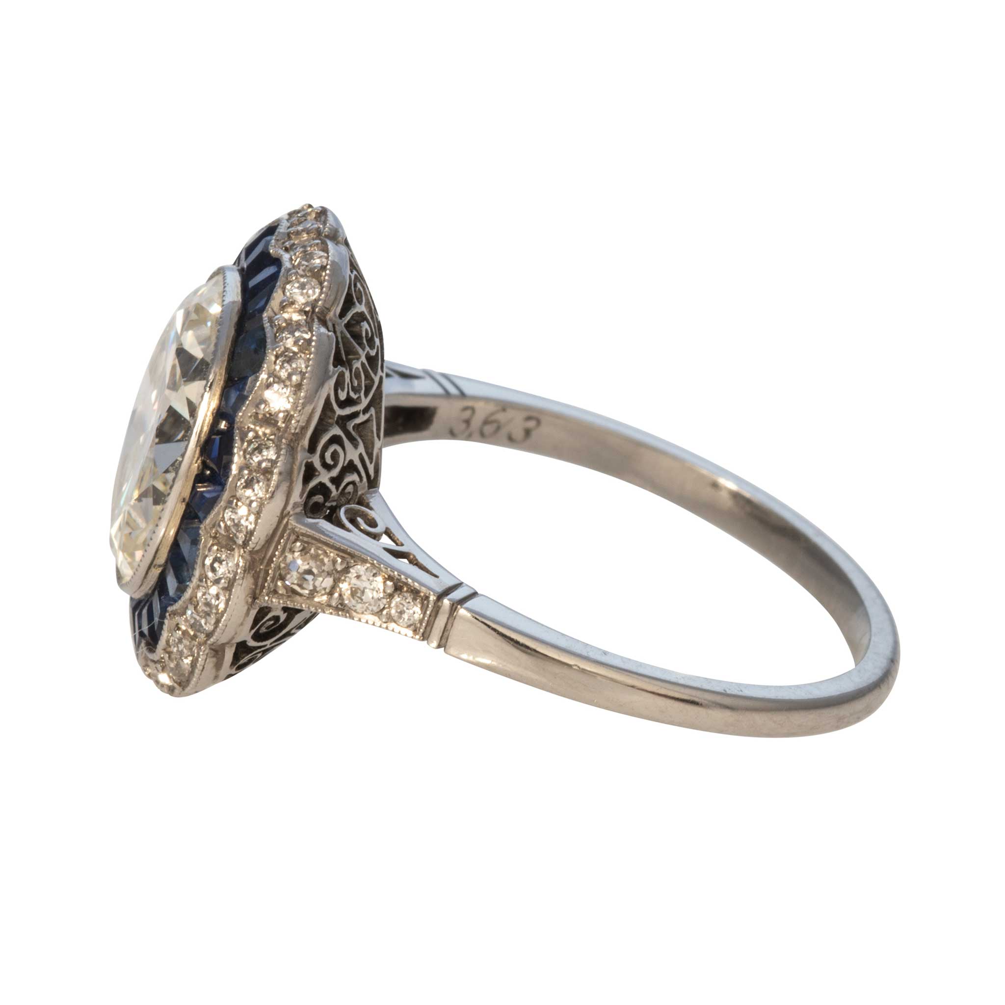 3.63ct Art Deco Round Diamond & Sapphire Halo Platinum Engagement Ring - Perfect for Wedding, Anniversary & Special Occasions