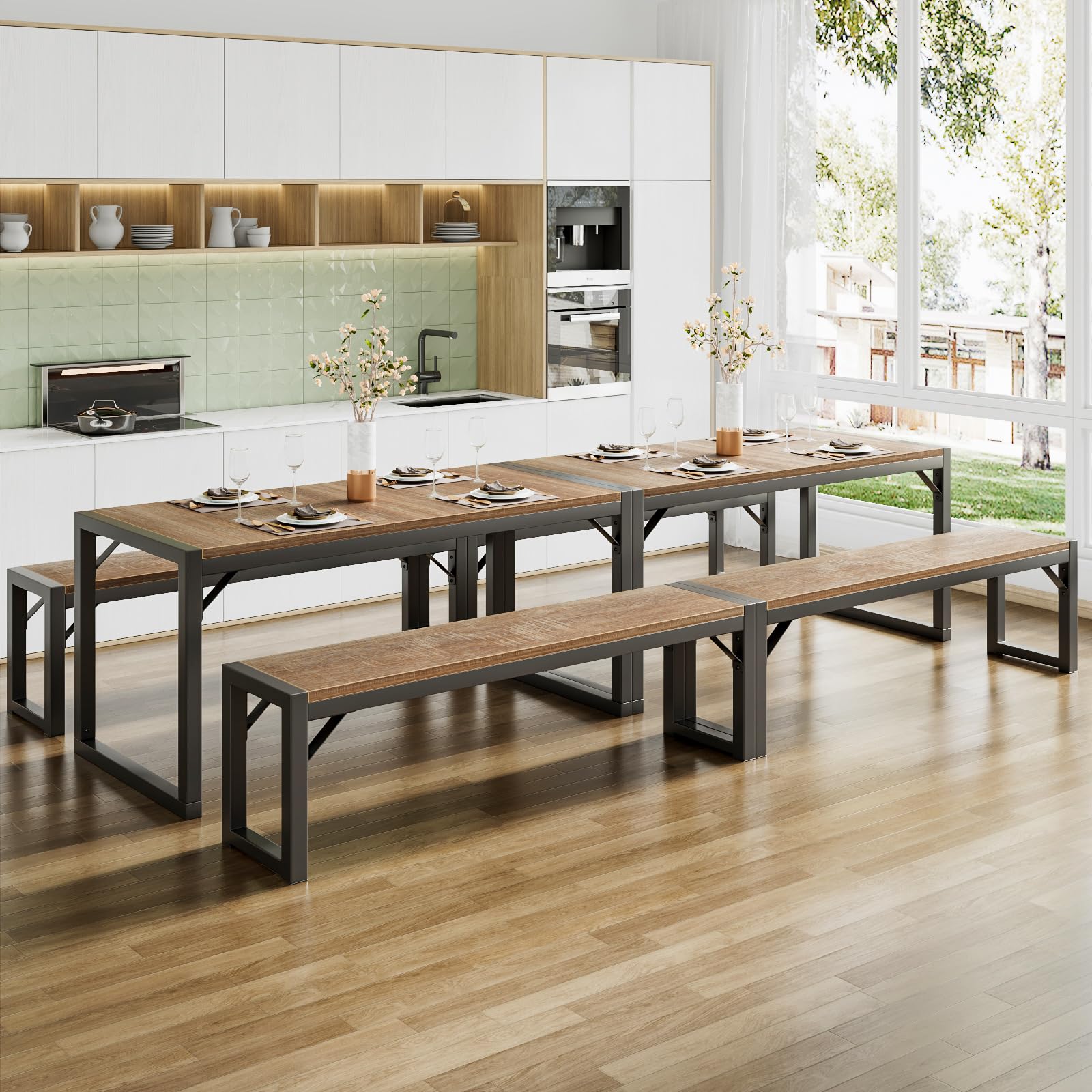 Rustic SHA CERLIN 4-Piece Kitchen Dining Table Set with Benches - Space Saving Small Dinette, Heavy Duty Metal Frame - Perfect for Apartments, Small Kitchens & Cozy Dining Spaces