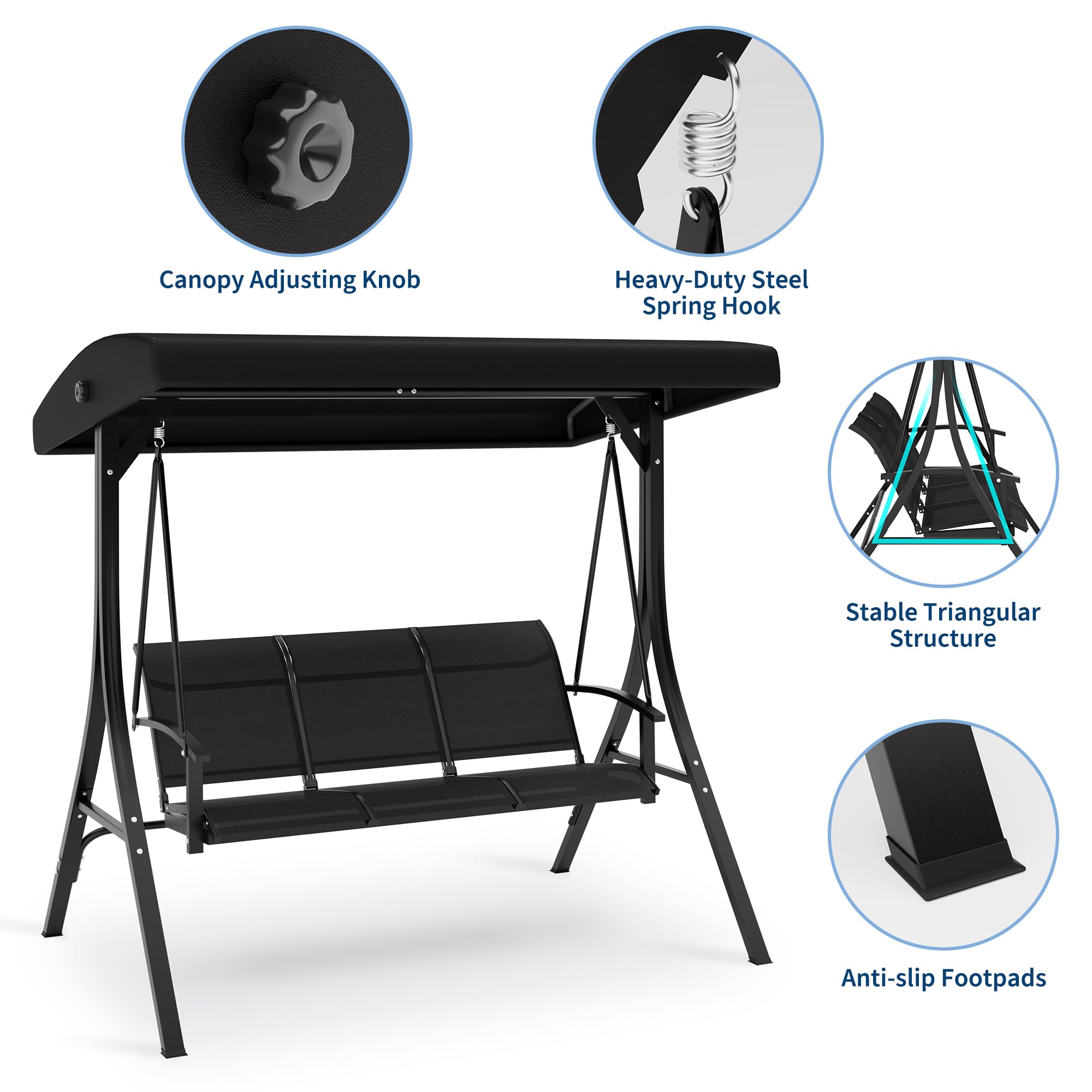 GARVEE 3-Seat Outdoor Patio Swing with Adjustable Canopy - Sturdy Steel Frame Porch Swing Chair for Backyard, Garden & Poolside - Perfect for Relaxing, Lounging & Enjoying Outdoor Spaces (Black)