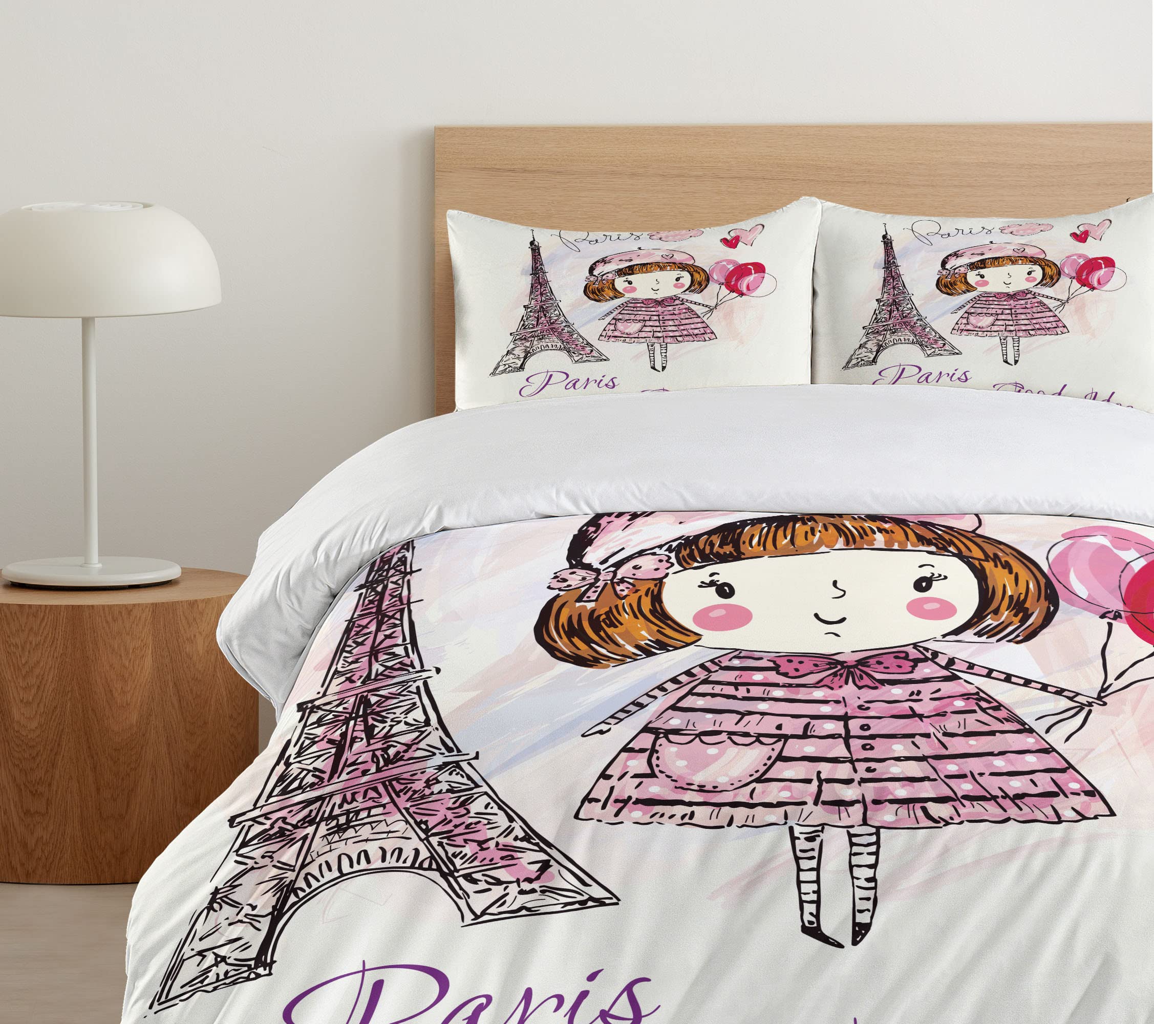 Ambesonne Paris Twin Size Duvet Cover Set - Little Girl Holding Balloons with Hearts, Clouds & Eiffel Tower Illustration - 2 Piece Bedding Set with Pillow Sham in Pale Pink, Purple & White | Perfect for Girls' Bedroom, Nursery Decor & Paris-Themed Room