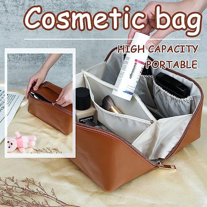 Premium Leather Cosmetic Travel Bag for Women - Large Makeup Organizer with Handle & Dividers, Spacious Wide Opening for Toiletries & Cosmetics - Perfect for Travel, Gym, and Daily Use