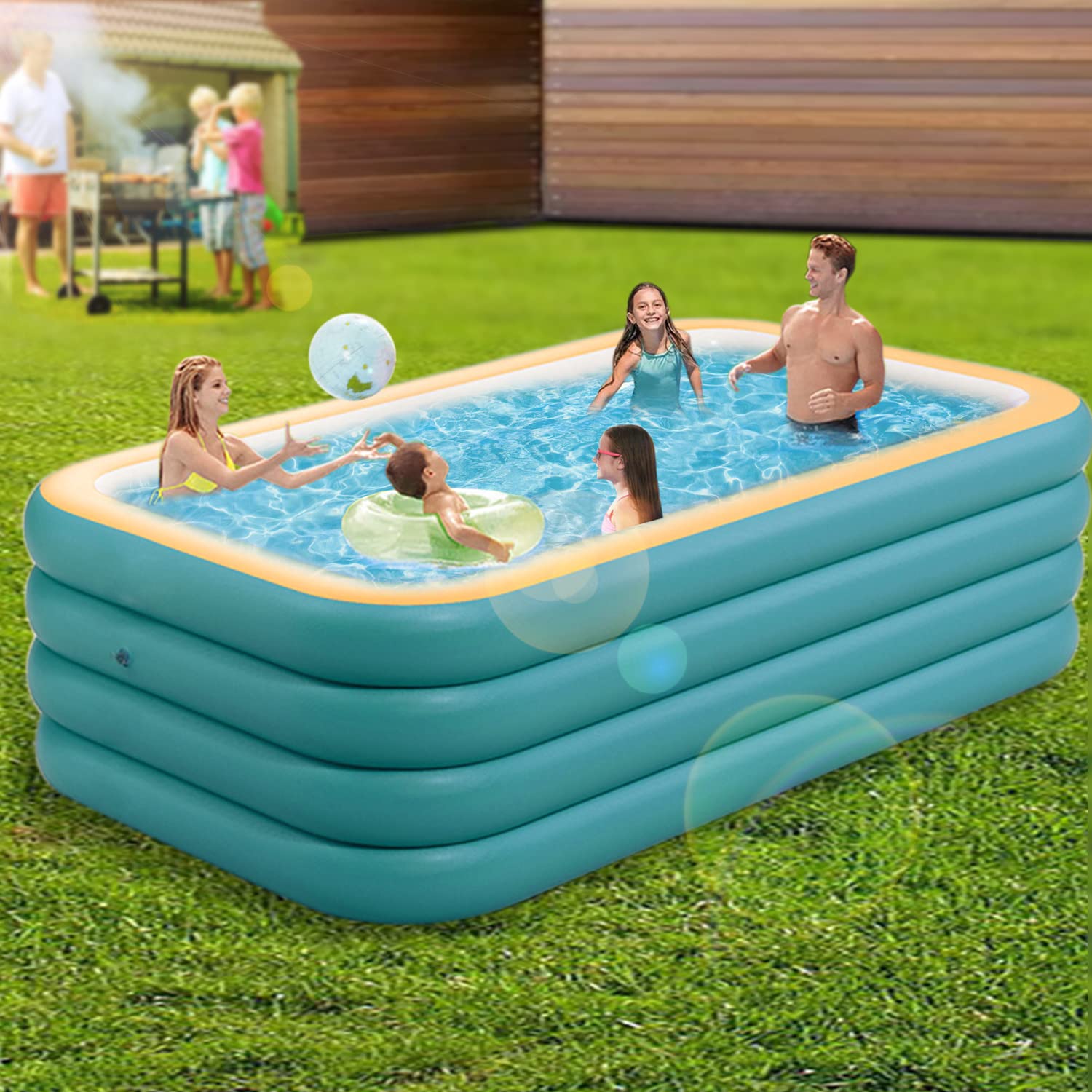 10ft 4-Ring Inflatable Above Ground Swimming Pool for Kids & Adults - 118x69x27in Family Backyard Pool with 4 Layers, Green & Orange - Perfect for Summer Water Parties, Garden Fun, and Outdoor Family Activities