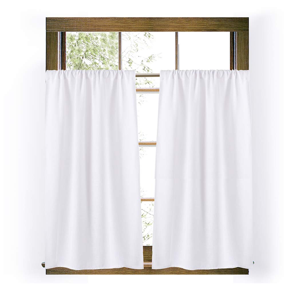 Valea Home Soft Burlap Short Curtains 45 Inch - Rustic Natural Rod Pocket Window Panels for Small Windows (Set of 2, White) - Perfect for Cafe, Kitchen, Bedroom & Bathroom Decor