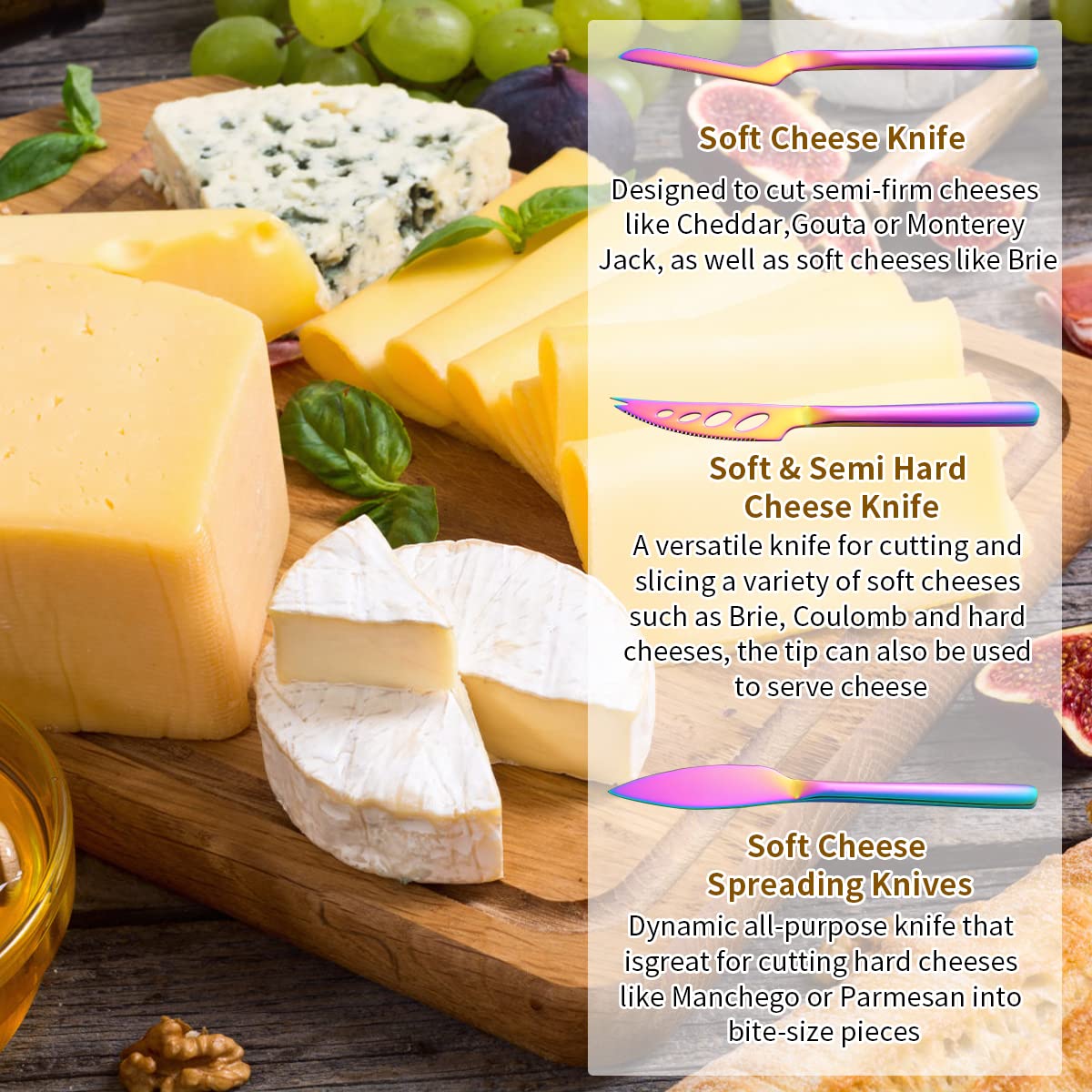 Kyraton 3-Piece Rainbow Cheese Knife Set - Ergonomic Titanium Plated Cheese Slicer, Butter Knife & Cheese Cutter for Hard & Soft Cheeses - Perfect for Charcuterie Boards, Wine Parties & Gourmet Cooking