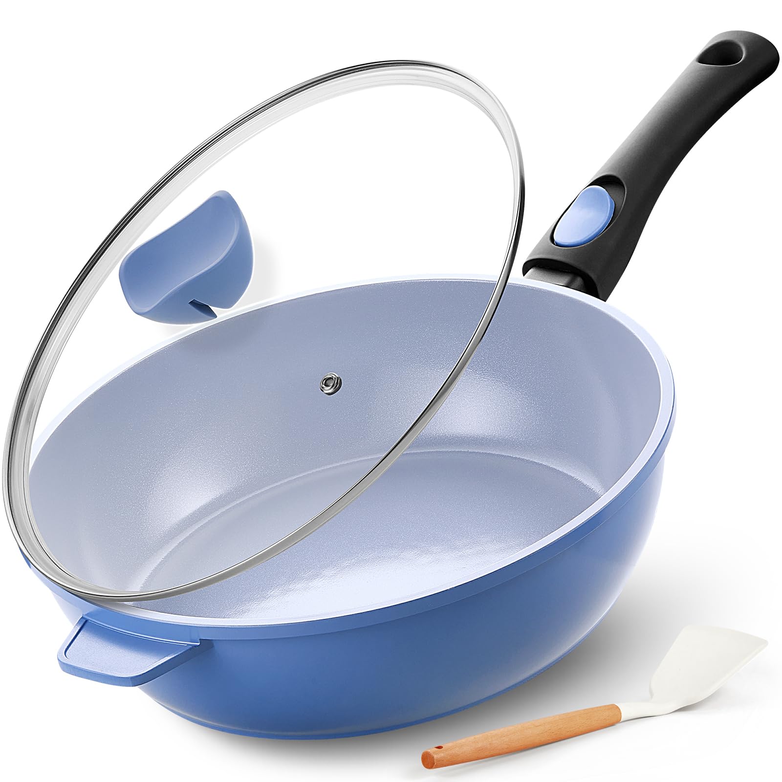 IKTU 11-Inch Ceramic Nonstick Deep Frying Pan - 4Qt Saute Pan with Lid & Helper Handle - PFAS PFOA & PTFE Free Induction Cookware - Perfect for Stir-Frying, Searing & Deep Frying - Detachable Handle for Easy Storage