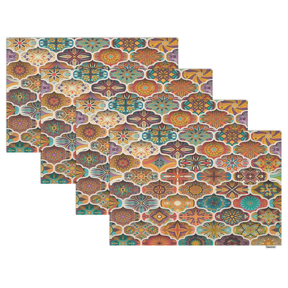 Swono Ethnic Floral Mandala Placemat Set of 4 - Colorful Mosaic Background Waterproof Table Mats 12x18 Inches for Dining Table, Kitchen Decor, Home Decoration | Perfect for Parties, Holidays & Everyday Use