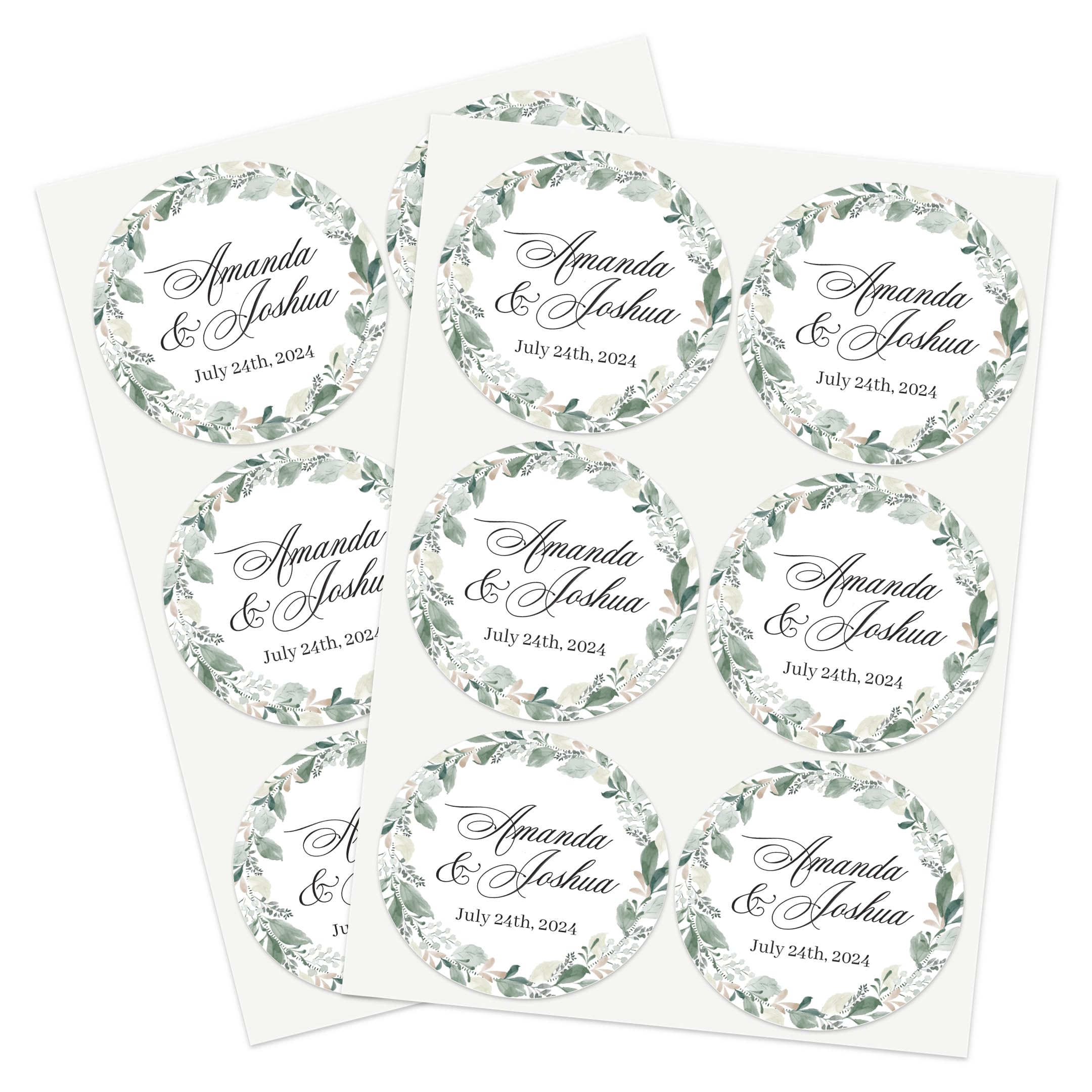 Personalized Greenery Birthday Wedding Favor Labels - Custom Name Stickers with Green Wreath for Party Favors, Gift Bags, Bottles, Candy Bags, Boxes & Cones - Perfect for Baby Showers, Bridal Showers, Weddings & Special Events