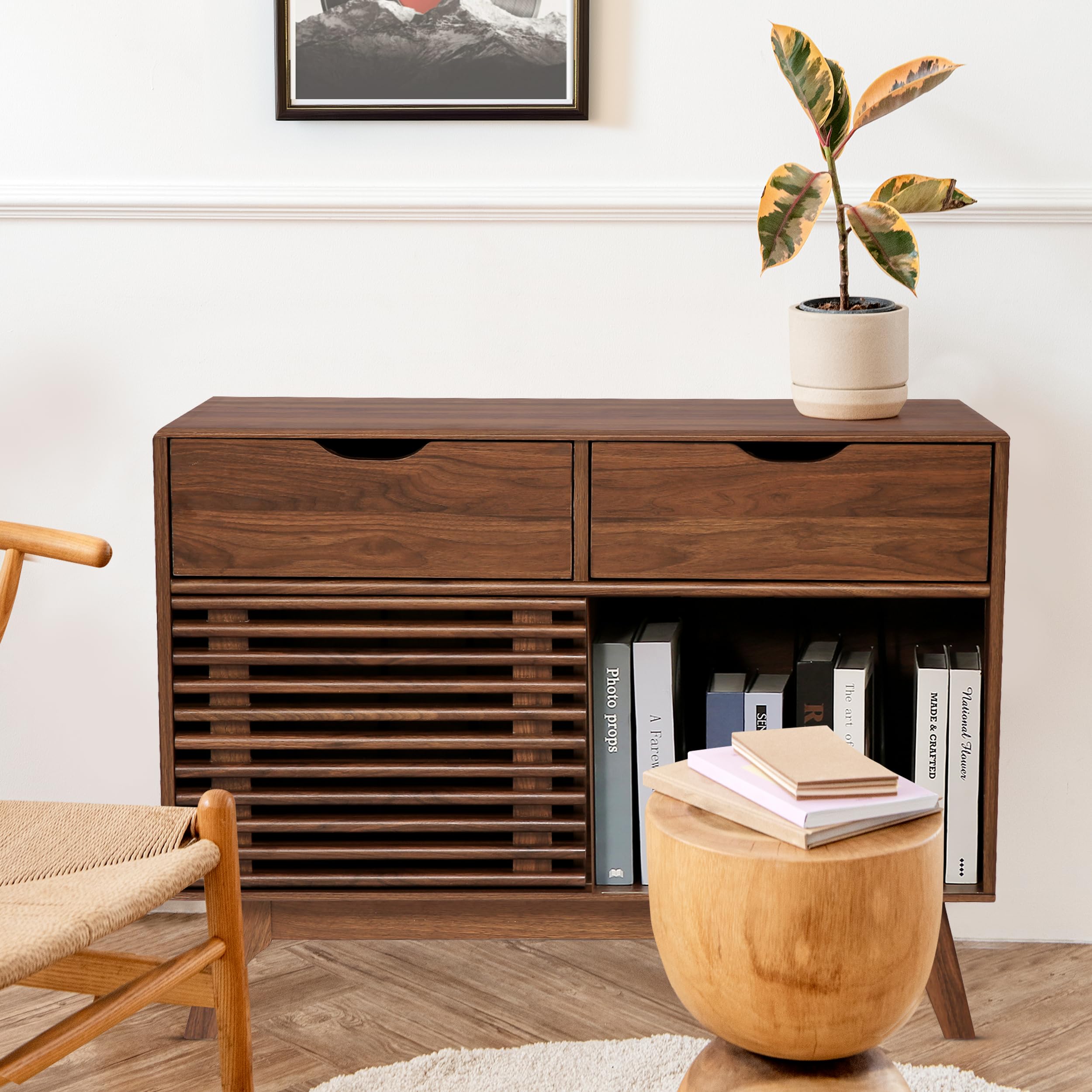 Houseables Mid Century Modern Record Player Cabinet - Vinyl Record Storage & Console Table for Living Room, Home Theater & Music Room Decor