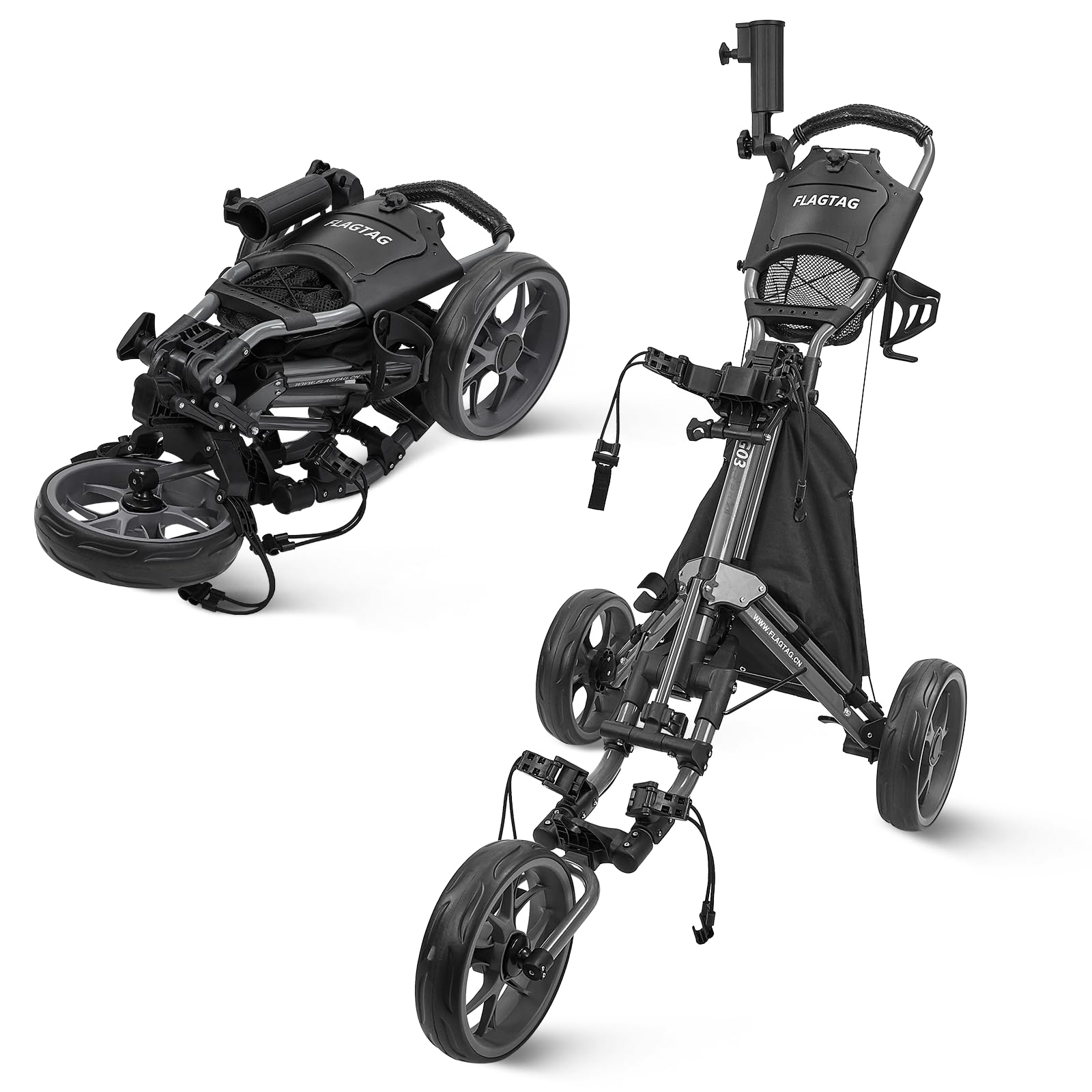 3 Wheel Foldable Golf Push Cart with Foot Brake, Umbrella Holder & Cup Holder - Lightweight Golf Bag Caddy with Storage Compartment for Men & Women - Perfect for Golf Courses, Driving Range & Outdoor Practice