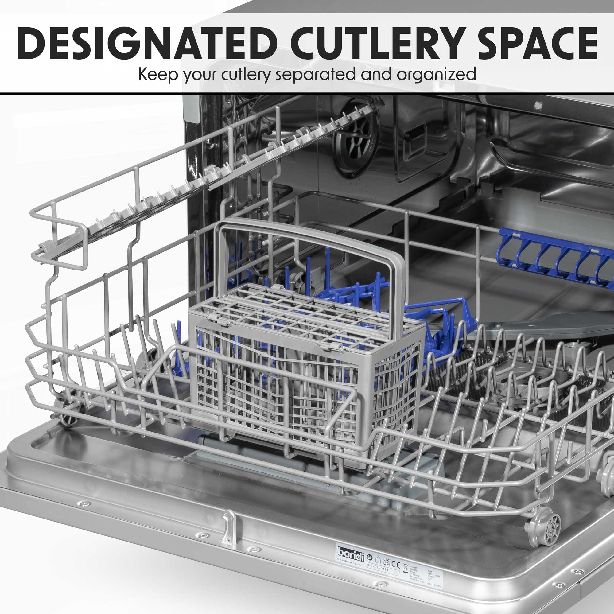 Baridi Compact Tabletop Dishwasher - 6 Place Settings, 6 Wash Programs, Ultra Quiet (42dB), 6.5L Capacity in Sleek Silver (Model DH84) | Perfect for Small Kitchens, Apartments, RVs & Dorm Rooms