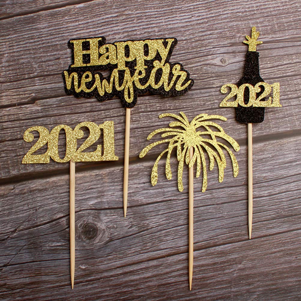 16pcs 2021 New Year Cake Toppers - Glitter Cake Decorations, Lovely Dessert Supplies for Party, Wedding & Birthday Cakes - Includes Cake Inserted Cards for New Year Celebrations
