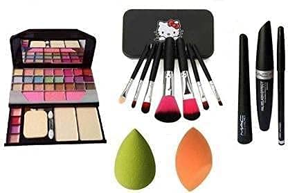 3-in-1 Eye Liner Kajal Mascara & TYA Makeup 6155 Kit with Brush Set & 2 Beauty Blenders - 7 Piece Professional Makeup Set for Smokey Eyes & Daily Beauty Routine - Perfect for Parties, Weddings & Everyday Makeup Application
