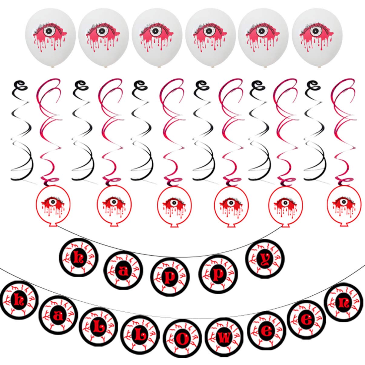 Spooky Halloween Party Decorations Kit - Bloody Eyeball Banner, Hanging Garlands & Swirl Latex Balloons for Scary Halloween Party Supplies | Perfect for Haunted House, Classroom & Office Halloween Decor