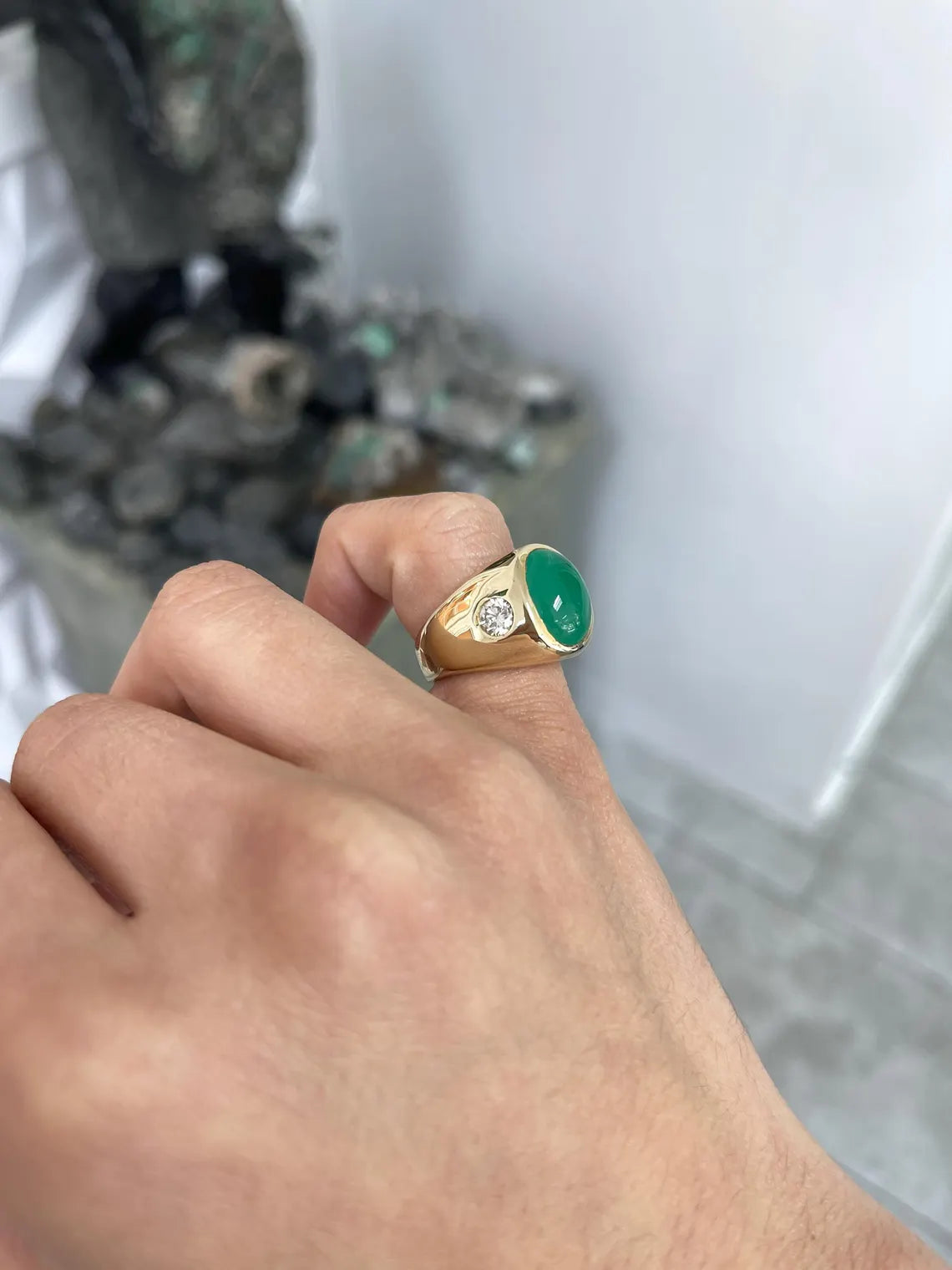 6.49 Carat Natural Emerald Cabochon Diamond Accent Three Stone Ring for Women - Elegant Wedding, Engagement & Anniversary Jewelry Gift